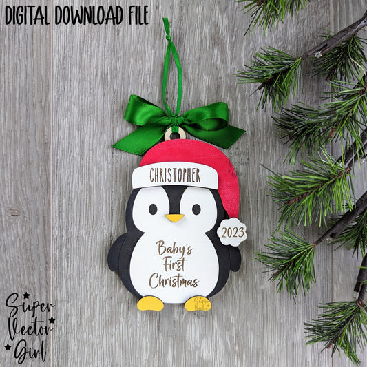 Penguin Baby's First Christmas Ornament, SVG, Laser Cut File, Personalized 1st Year Christmas, New Baby, Newborn, Shower Gift, 2024