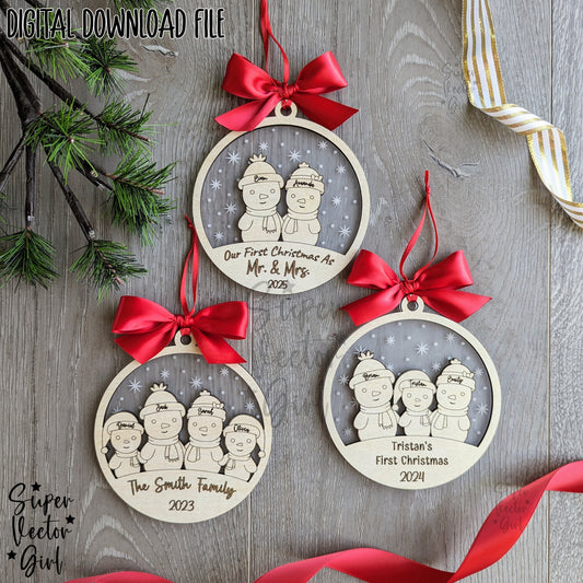 Snowman Family Christmas Ornament, up to 6 Custom Name, Personalized, SVG, Laser Cut File, xTool Glowforge files, 1st Christmas, Baby, Married, Mr. Mrs.