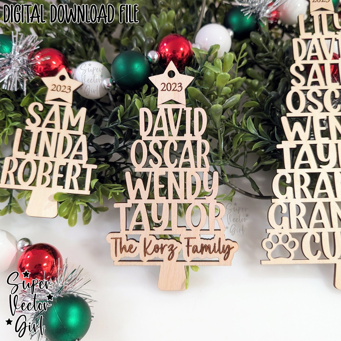 Family Name Christmas Tree Shape Ornament Template, 3 to 9 Family Members, SVG, Digital Laser Cut File files, Personalized Names, Engraved Gift
