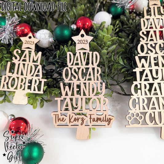 Family Name Christmas Tree Shape Ornament Template, 3 to 9 Family Members, SVG, Digital Laser Cut File files, Personalized Names, Engraved Gift