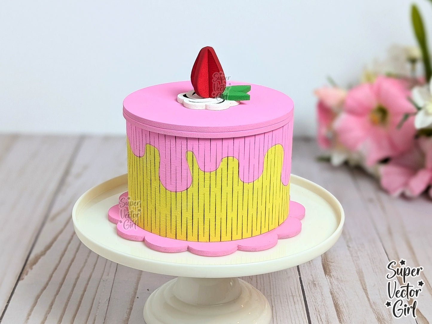 Strawberry Birthday Cake Trinket Box with Lid SVG File, 3D Birthday Round Cake, Laser Cut File, gift present kids storage cute dessert party food 3D Cake