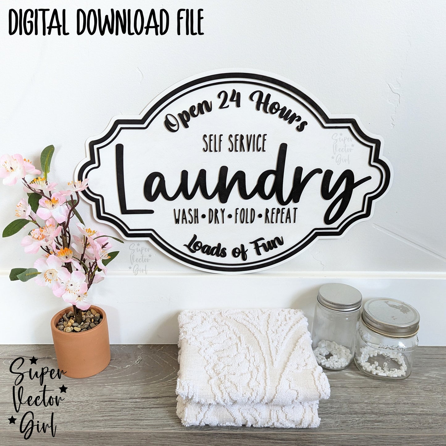 Laundry Room Self Service Door Hanger Sign, SVG, Laser Cut File, xTool Glowforge files, Wall Decor Accent, Home Decoration, Farmhouse Style Frame