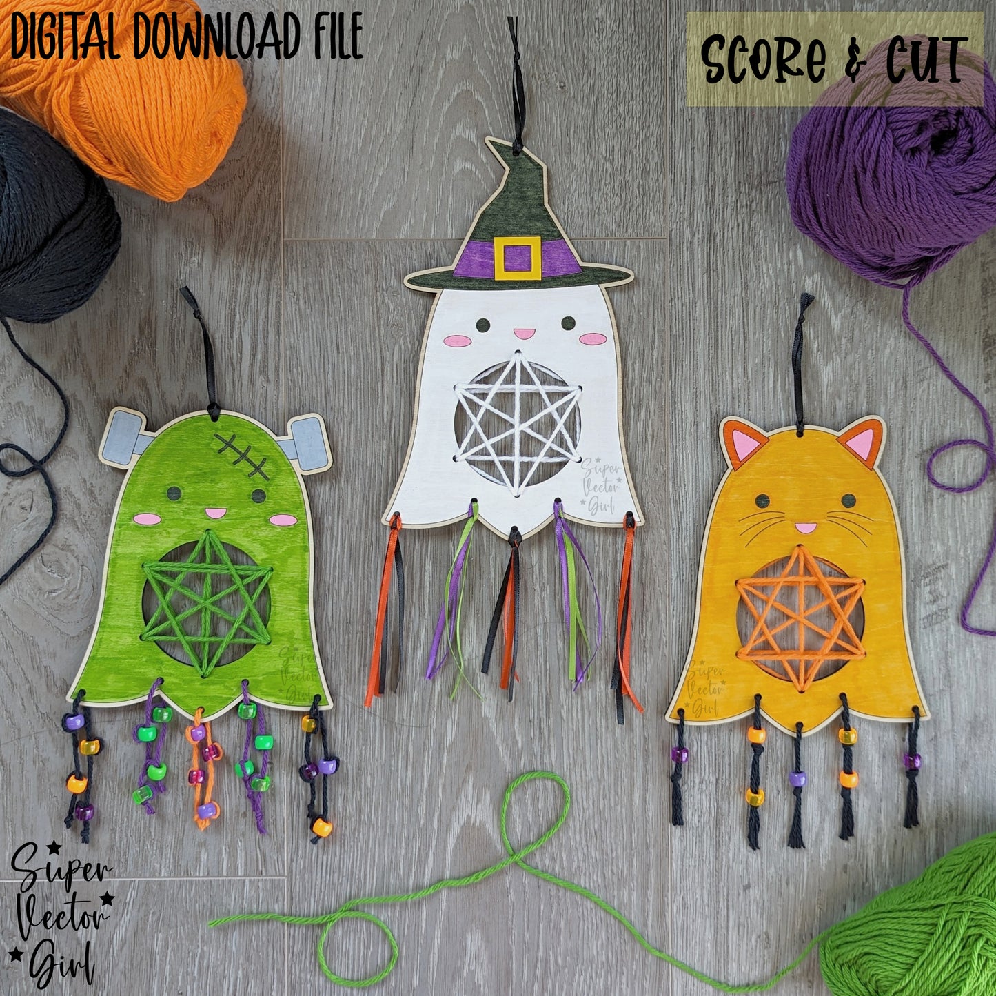 Cute Ghosts Weaving Craft, Halloween DIY Paint Kit Set, SVG, Digital Laser Cut File files, Witch Cat Ghost Frankenstein, Crafts for Kids