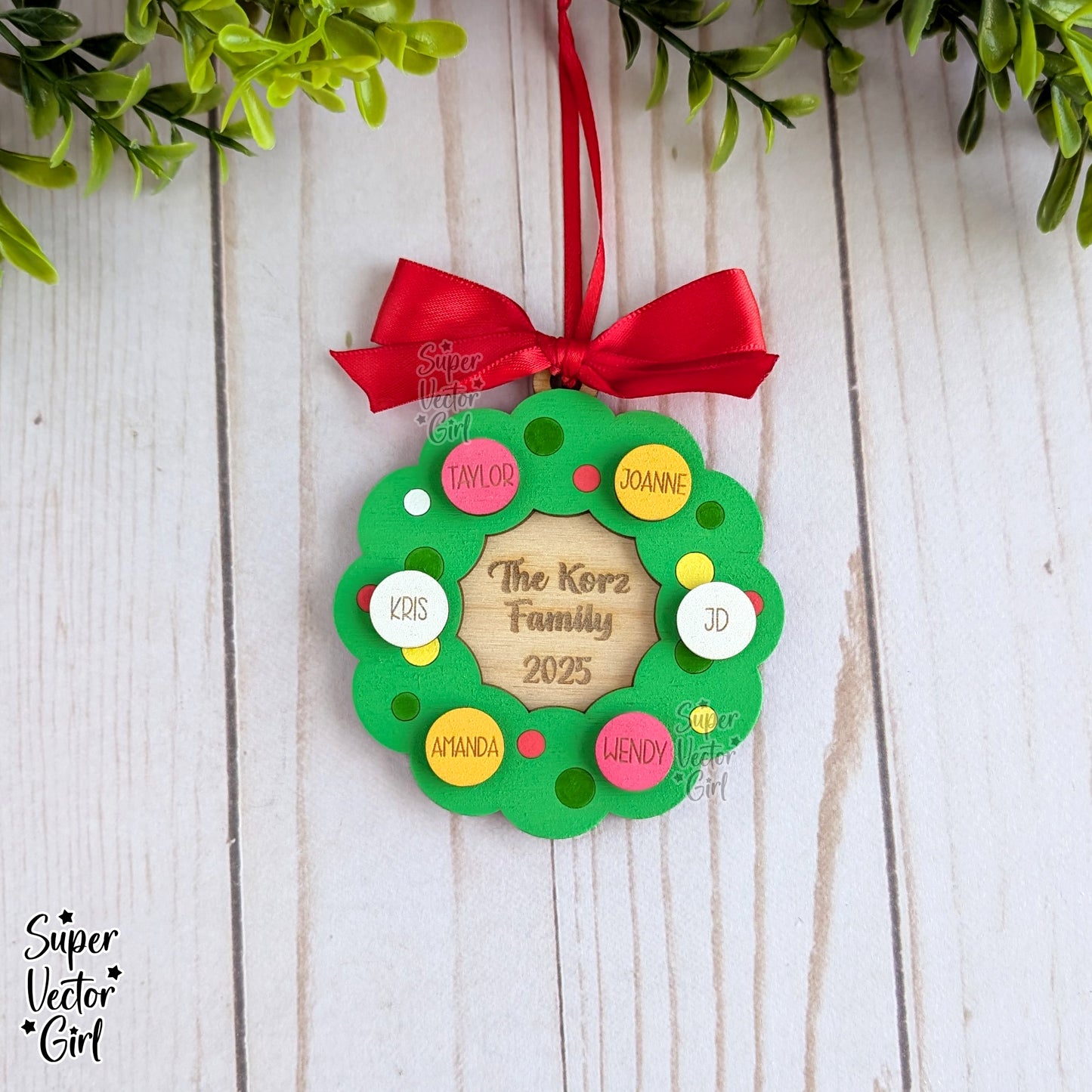 Wreath Family Christmas Ornament, up to 12 Names, SVG, Digital Laser Cut File files, Personalized Name Gifts, Holiday Wood Ornament