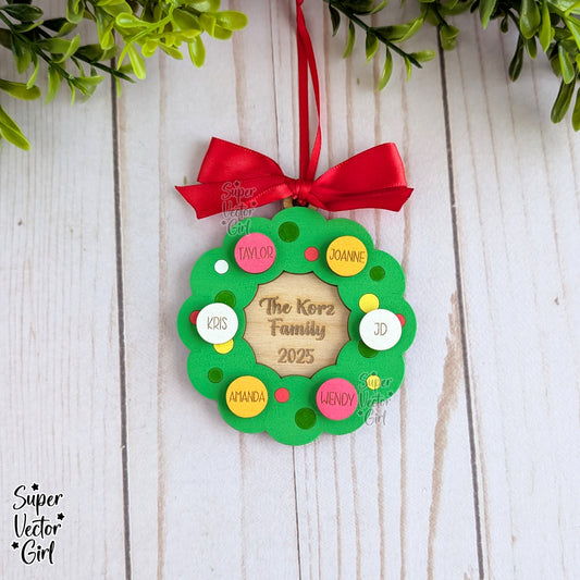 Wreath Family Christmas Ornament, up to 12 Names, SVG, Digital Laser Cut File files, Personalized Name Gifts, Holiday Wood Ornament