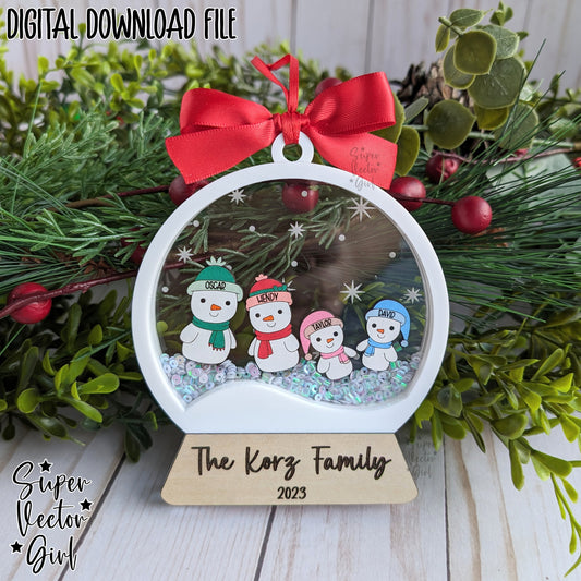 Snow Globe Shaker Snowman Family with Pets, Christmas Ornament up to 10 People, SVG, Laser Cut File, Dog Cat, Personalized Name