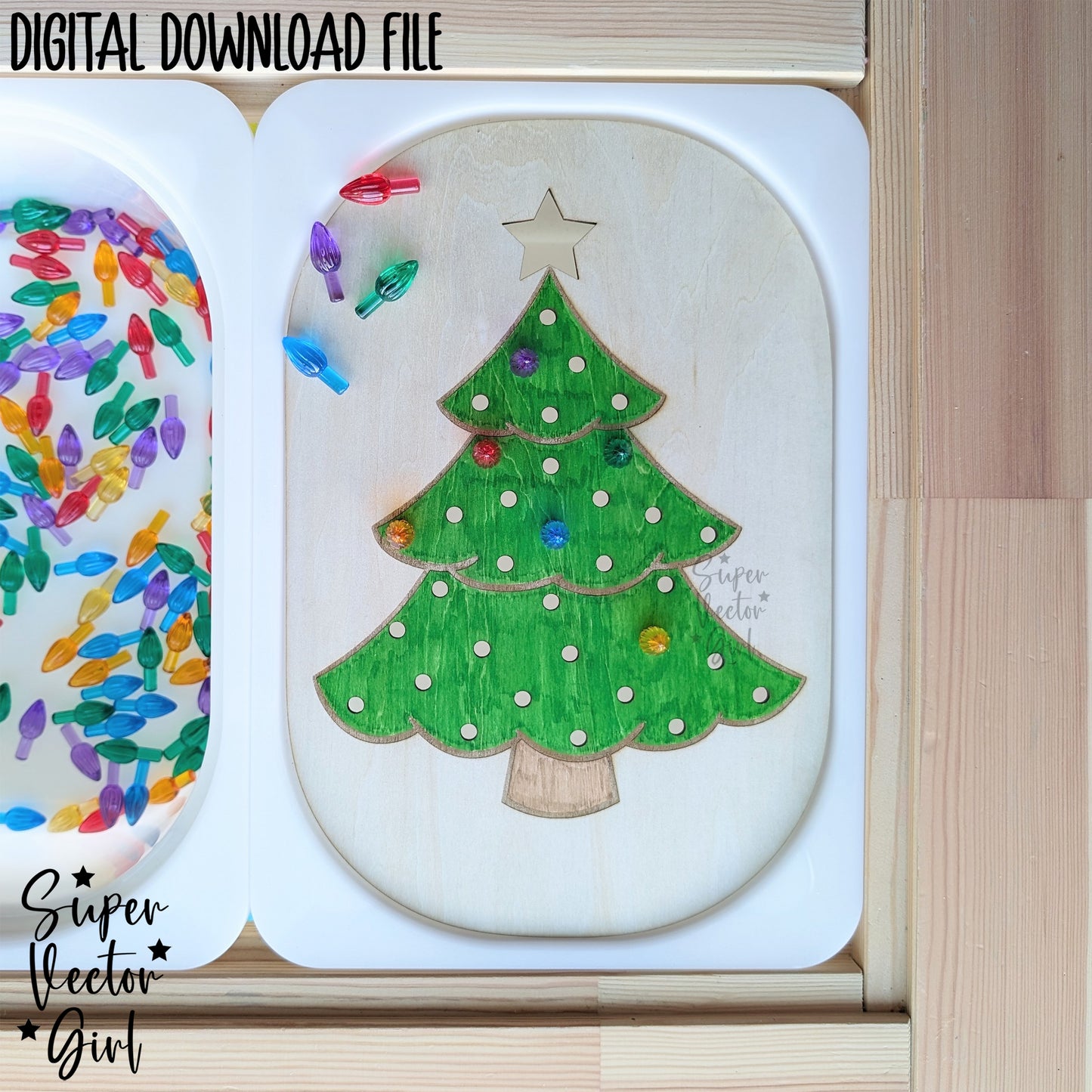 Christmas Tree Peg Lites Holes Insert Board, Trofast Bin Lid for IKEA Small Bins, SVG, Laser Cut File, Flisat, Sensory Table, DIY Light Bulb