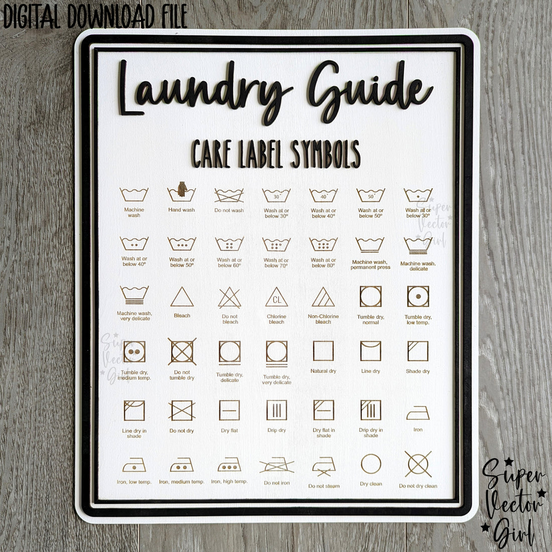 Laundry Guide Sign, Care Label Symbols and Icons, Wash Room Door Hange ...