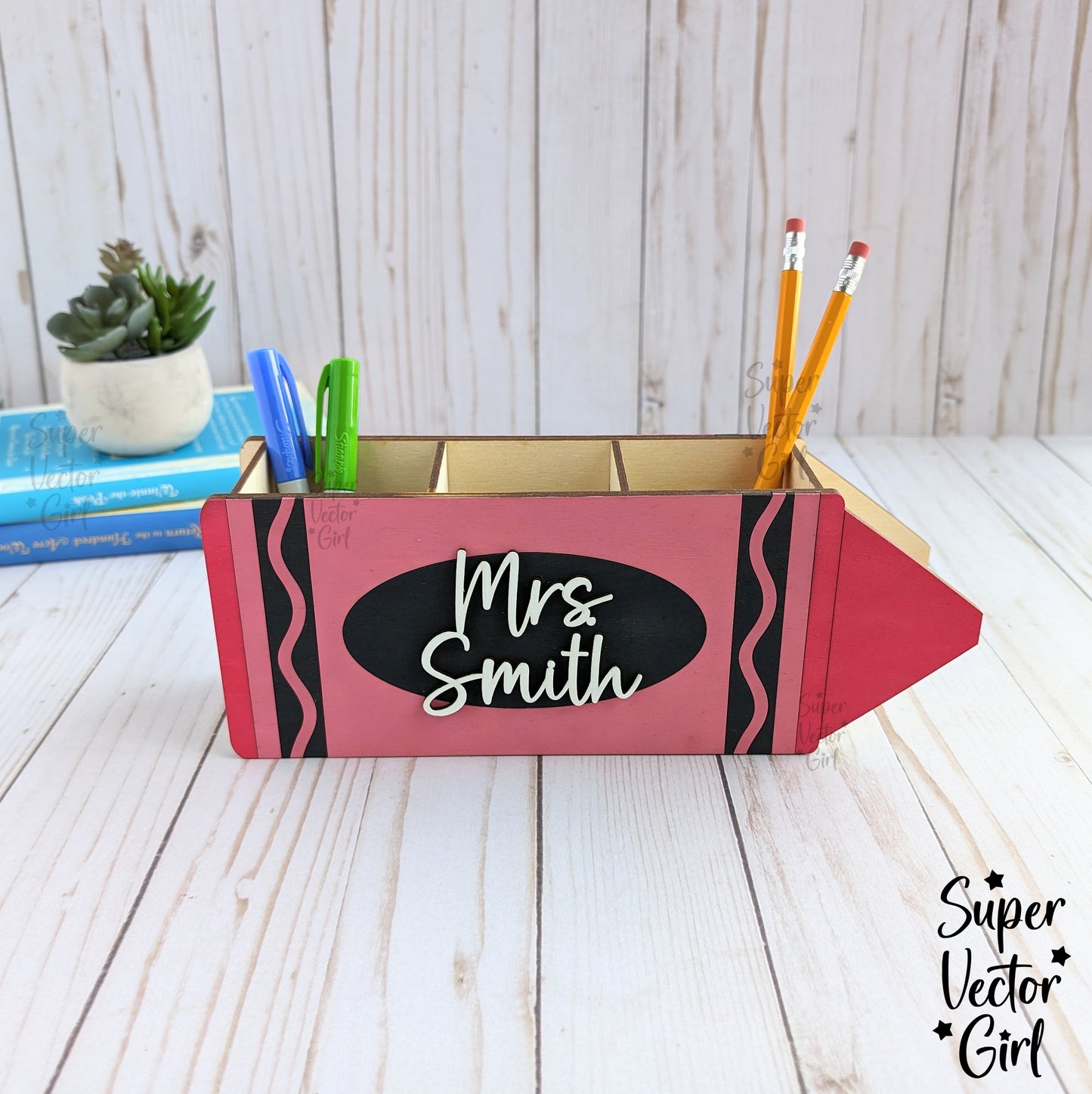 Crayon Shaped Desk Organizer for Pencils Pens, SVG File, Personalized Teacher Appreciation Gift, Digital Laser Cut File, Desk Pen Pencil Holder, Storage Cup Box Basket, Custom Name