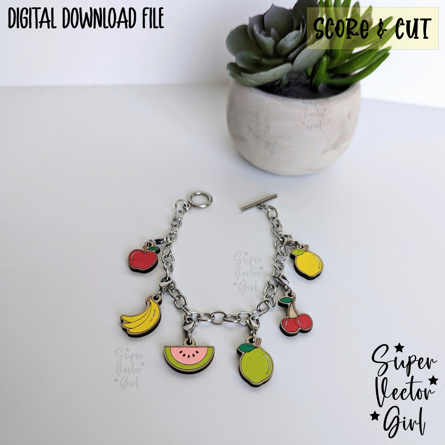 Fruits Set 2 Bracelet Charms Bundle Set, SVG, Digital Laser Cut File, xTool Glowforge files, Score & Cut, Summer Fruit Apple Lemon Lime Watermelon