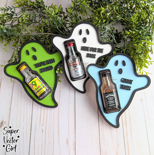 Ghost Bottle Shooter Holder, Mini Booze Holder for Halloween, SVG, Laser Cut File, Mini Alcohol Shot Bottle Gift, Small Round or Square Booze Bottle Shot Shooters, Alcohol 50 ML Shooters, Mini Liquor Holder