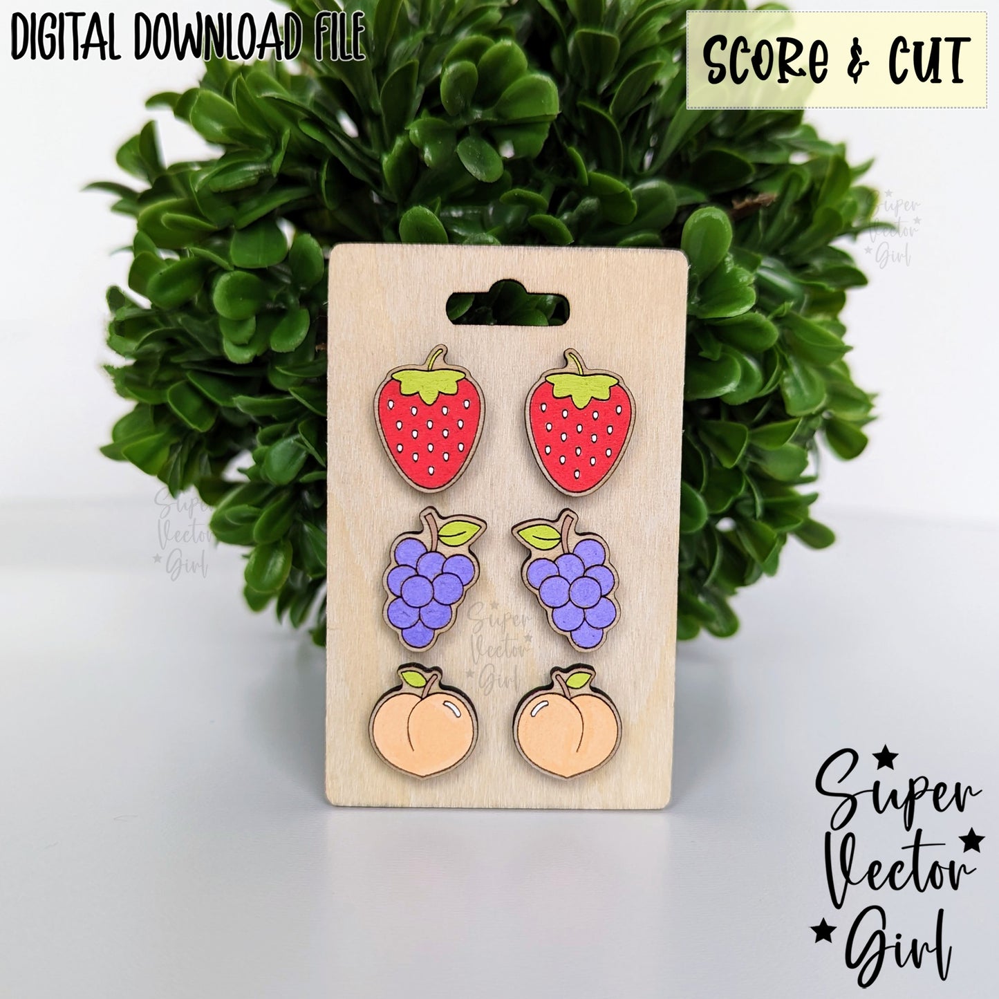 Fruits Set 1 Stud Earrings Bundle Set, SVG, Laser Cut File, Score & Cut, Cute Summer Fruit Strawberry Grape Peach Food Kid
