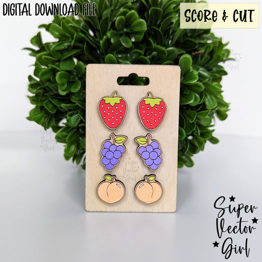 Fruits Set 1 Stud Earrings Bundle Set, SVG, Laser Cut File, Score & Cut, Cute Summer Fruit Strawberry Grape Peach Food Kid