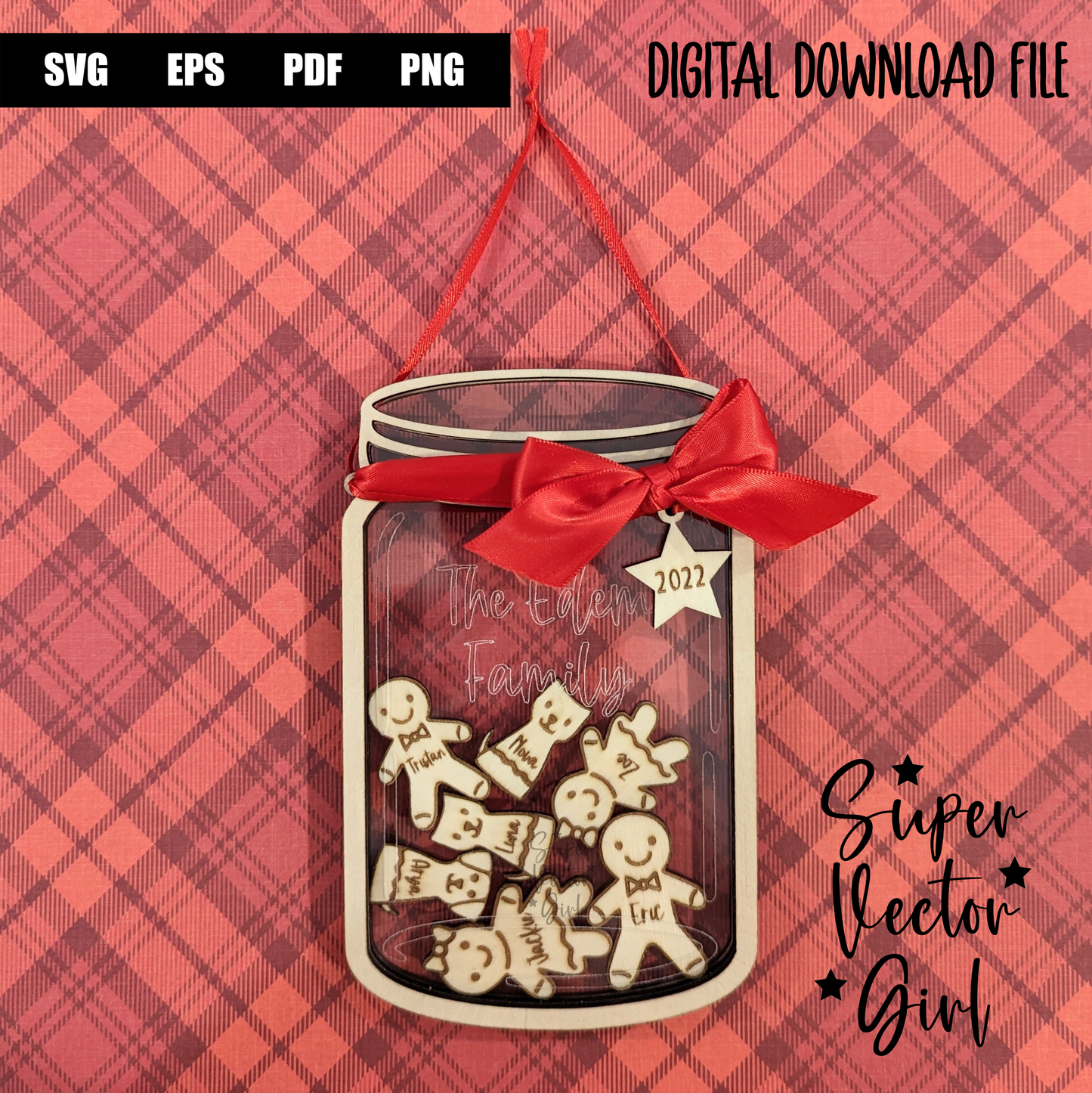 Mason Cookie Jar Shaker Christmas Ornament, Gingerbread Family Cookies With Pets Cat Dog, SVG, Digital Laser Cut File files