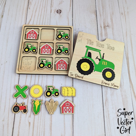 Tic Tac Toe Game with Box Lid, Green Tractor Farm, SVG, Digital Laser Cut File, Birthday Gift, Present, Board Game Kids Game, Barn Party Favors