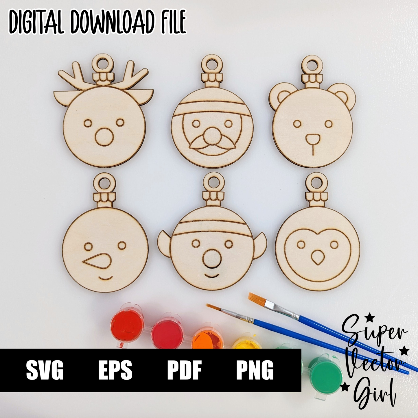 Christmas Ornaments, DIY Paint Coloring Kit Set, SVG, Digital Laser Cut File, Engraved, Santa Snowman Reindeer Elf Polar Bear Penguin
