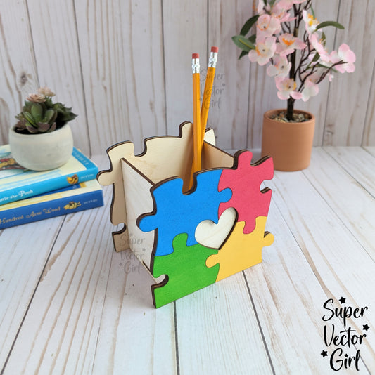 Autism Puzzle Pencil Pen Cup Holder SVG File, Desk Organizer, Digital Laser Cut File, Desk Pens Holder Gift, Storage Cup Box, Home Office