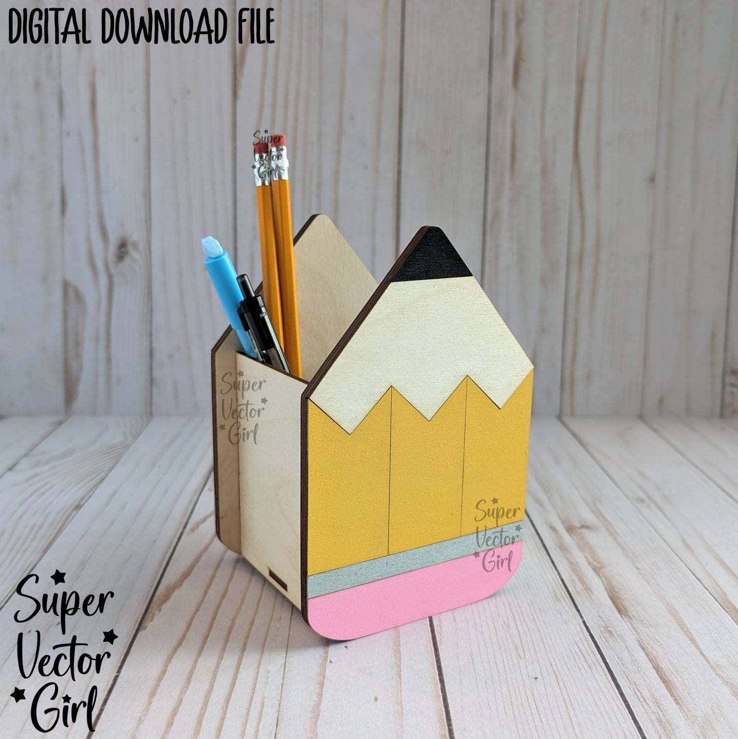 Pencil Shaped Pen Cup Holder SVG File, Desk Organizer, Personalized Teacher Appreciation Gift, Digital Laser Cut File, Desk Pens Holder, Storage Cup Basket, xTool Glowforge files, Custom Name