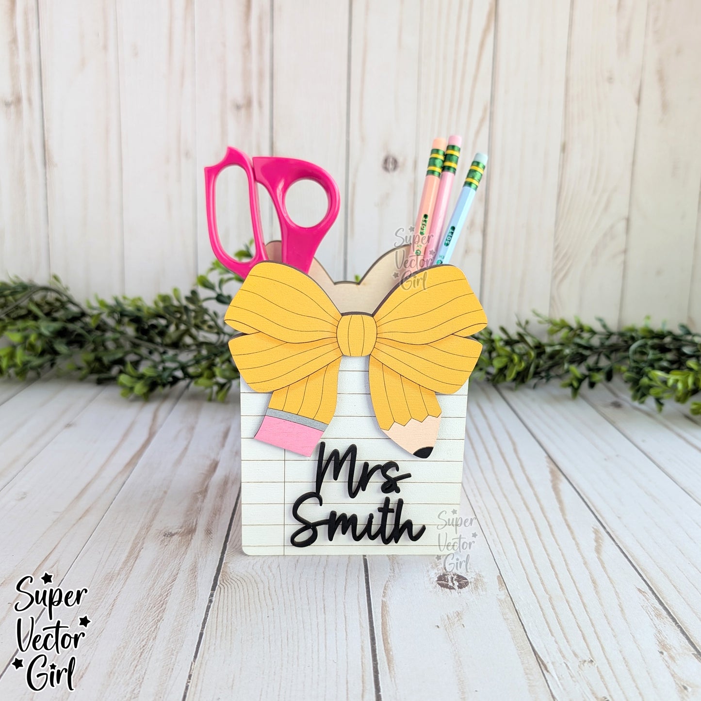 Pencil Bow and Notebook Paper Pen Cup Holder SVG File, Desk Organizer, Personalized Teacher Appreciation Gift, Digital Laser Cut File, Desk Pens Holder, Storage Cup Basket, xTool Glowforge files, Custom Name