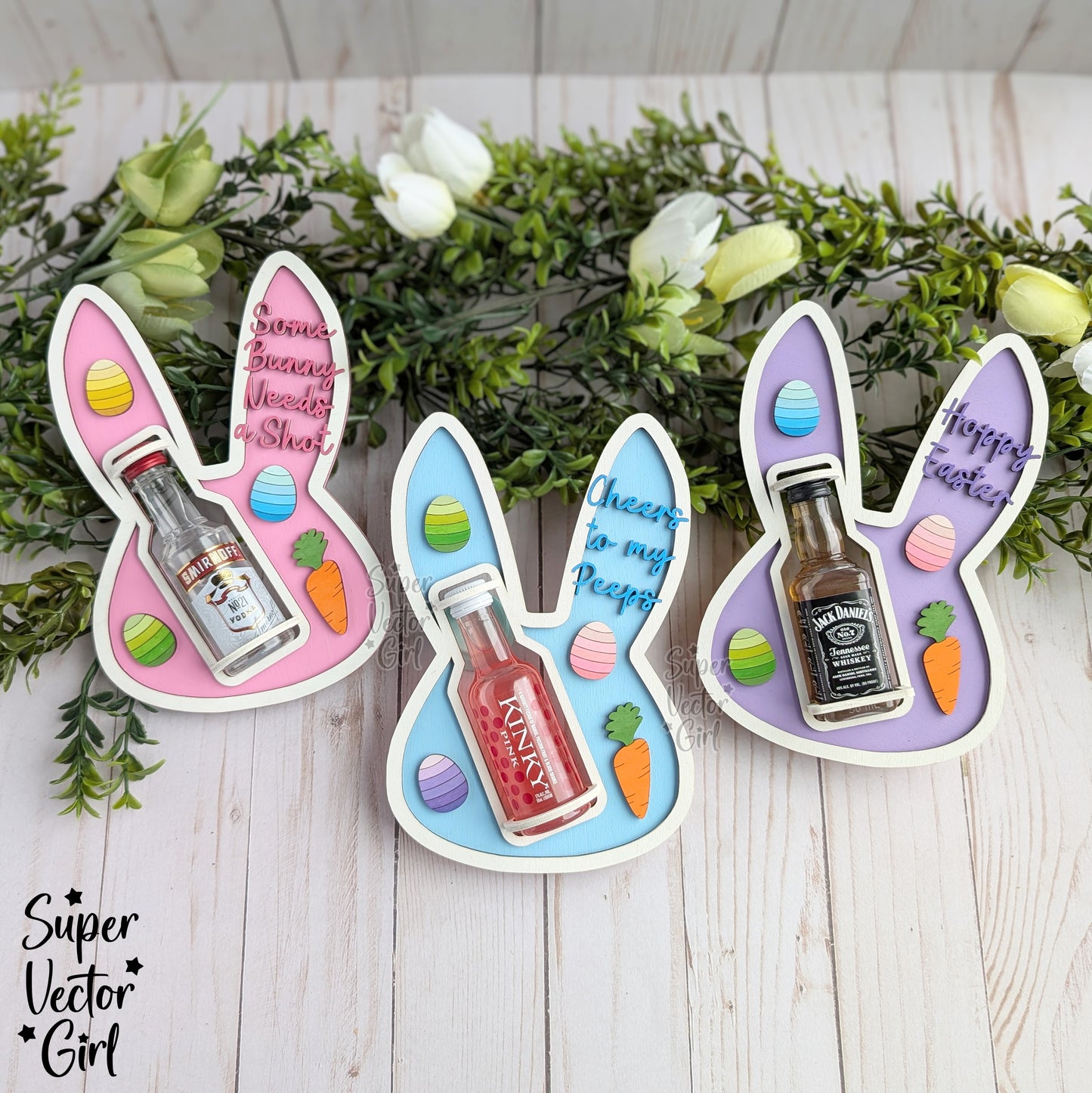 Easter Shooter Holder, SVG, Laser Cut File, Mini Alcohol Shot Bottle Gift, Small Round or Square Booze Bottle Shot Shooters, Alcohol 50 ML Shooters, Mini Liquor Holder, Bunny Rabbit Head