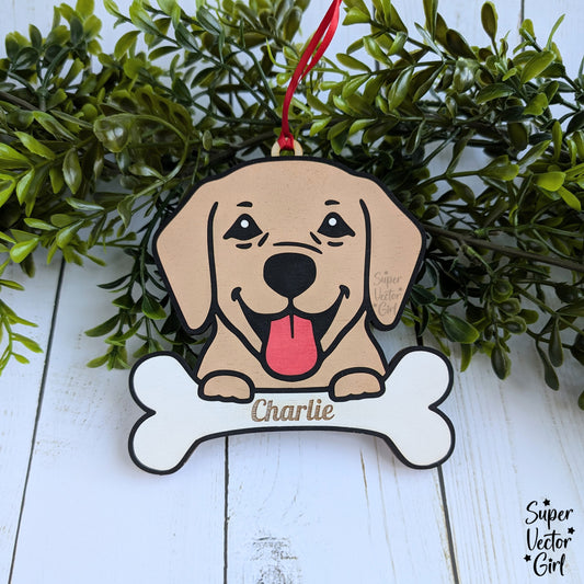Dog Face Christmas Ornament, Holding Bone, SVG, Digital Laser Cut File files, Personalized Custom Name Tag, Pet, Puppy, Labrador Retriever