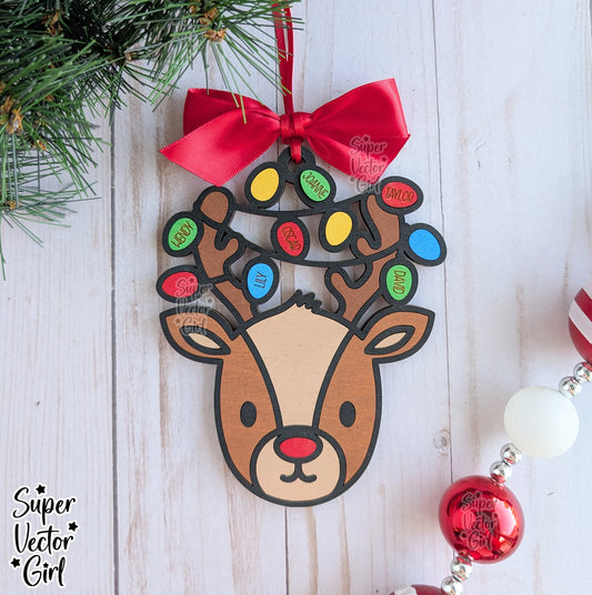 Reindeer Antlers with Lights Family Christmas Ornament, up to 10 Custom Names, Personalized, SVG, Laser Cut File, xTool WeCreat files, 1st Christmas, Baby, Married, Mr. Mrs. Big Large Family Members