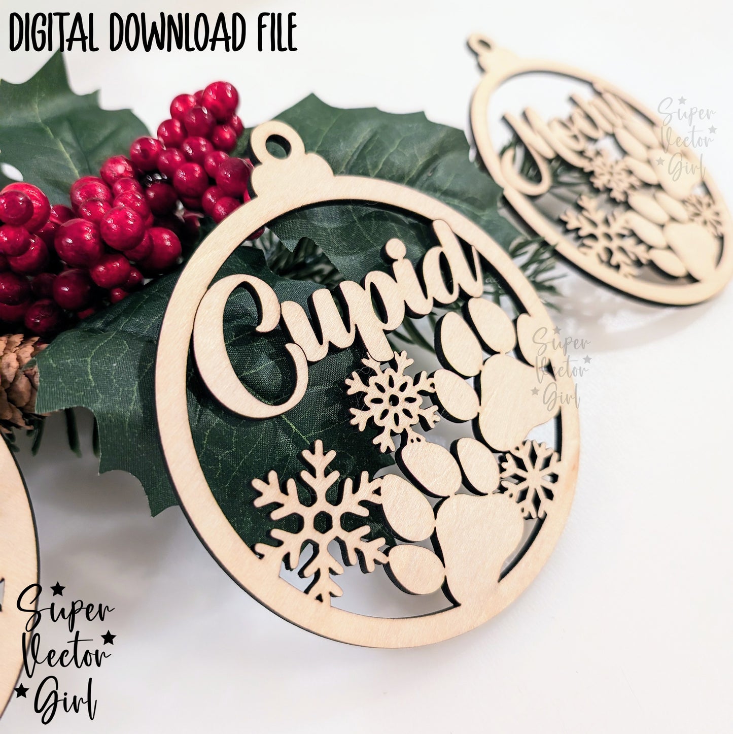 Pet Paw Christmas Tree Ornament for Dog or Cat Paws, SVG, Digital Laser Cut File files, Personalized Custom Animal Name, Gift, Decoration Memorial