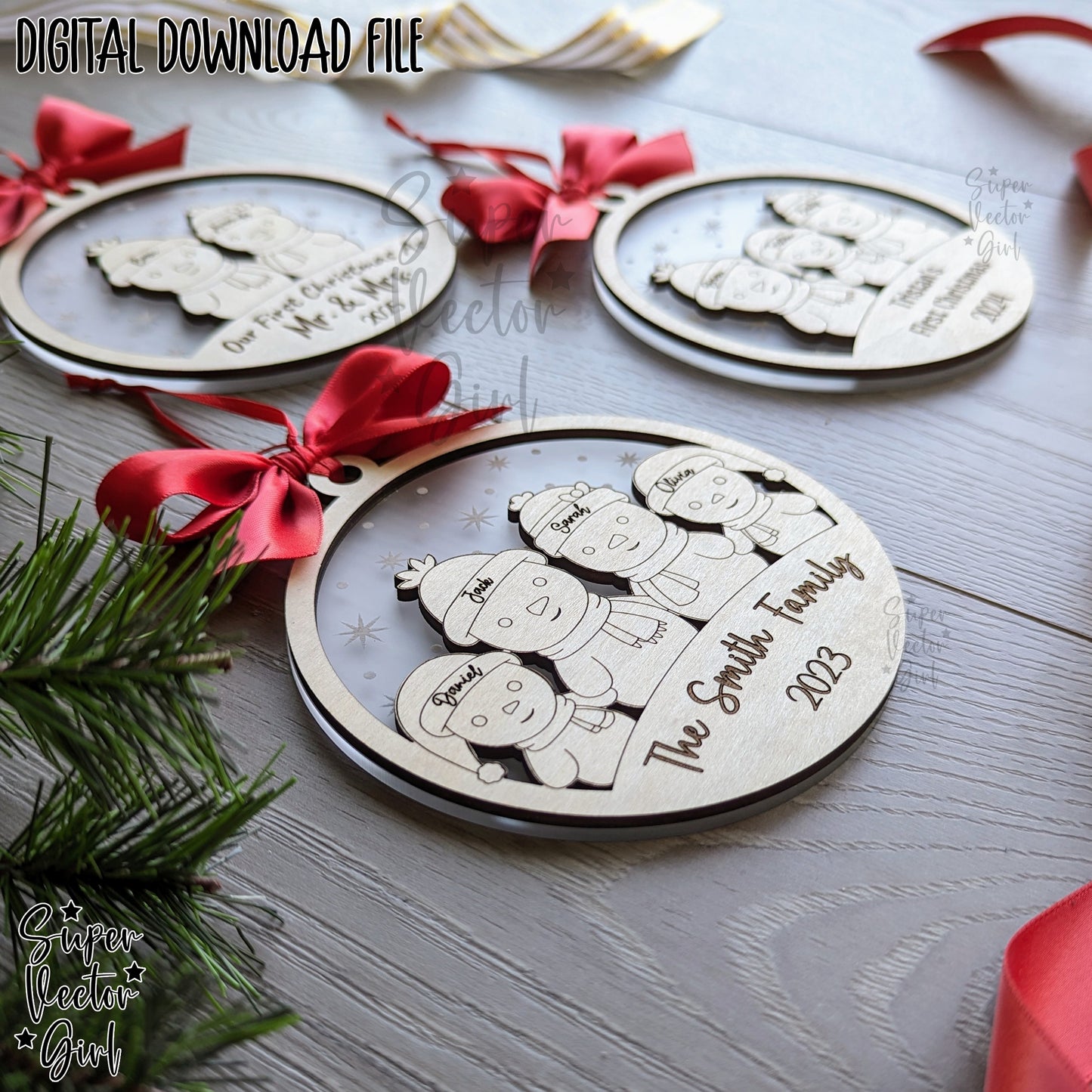 Snowman Family Christmas Ornament, up to 6 Custom Name, Personalized, SVG, Laser Cut File, xTool Glowforge files, 1st Christmas, Baby, Married, Mr. Mrs.