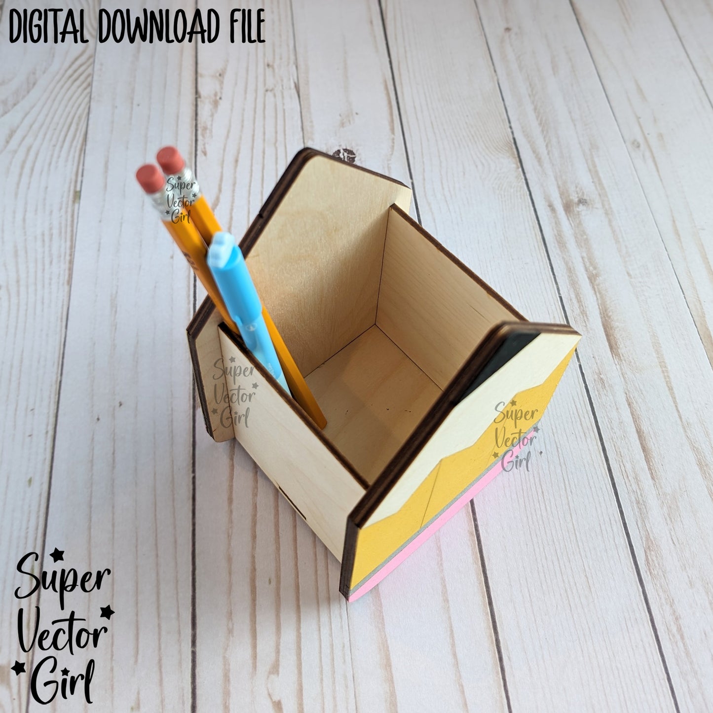Pencil Shaped Pen Cup Holder SVG File, Desk Organizer, Personalized Teacher Appreciation Gift, Digital Laser Cut File, Desk Pens Holder, Storage Cup Basket, xTool Glowforge files, Custom Name