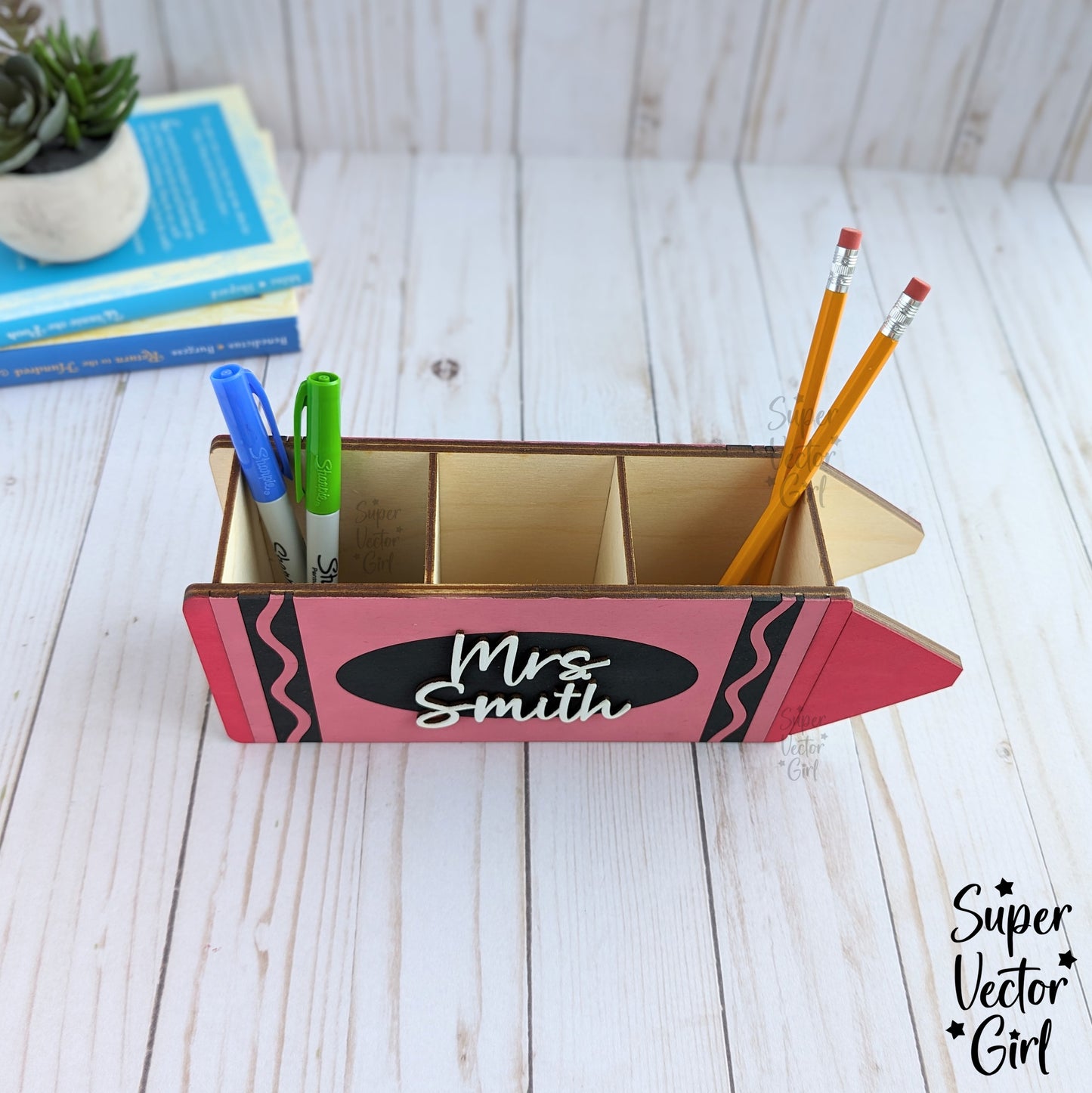 Crayon Shaped Desk Organizer for Pencils Pens, SVG File, Personalized Teacher Appreciation Gift, Digital Laser Cut File, Desk Pen Pencil Holder, Storage Cup Box Basket, Custom Name