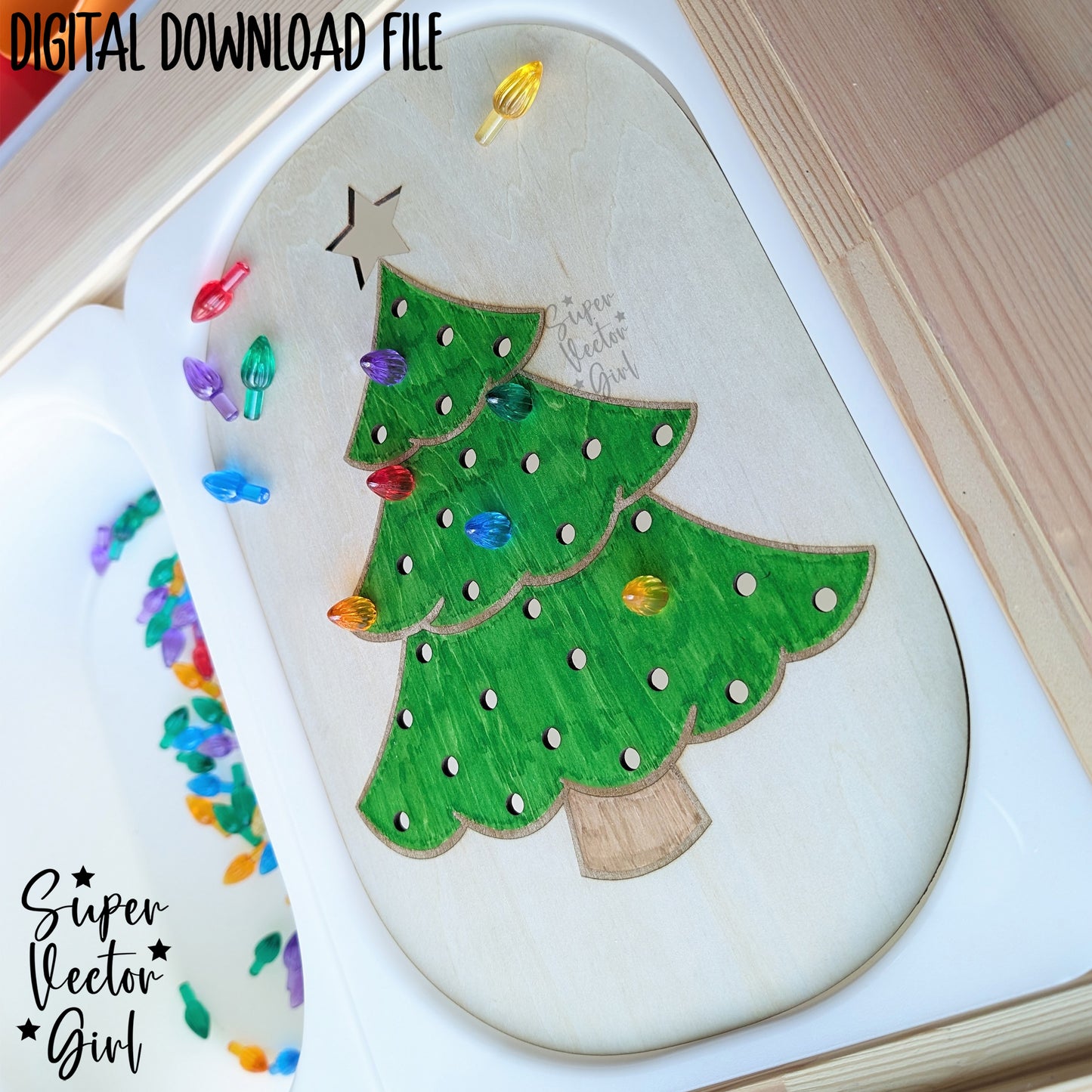 Christmas Tree Peg Lites Holes Insert Board, Trofast Bin Lid for IKEA Small Bins, SVG, Laser Cut File, Flisat, Sensory Table, DIY Light Bulb