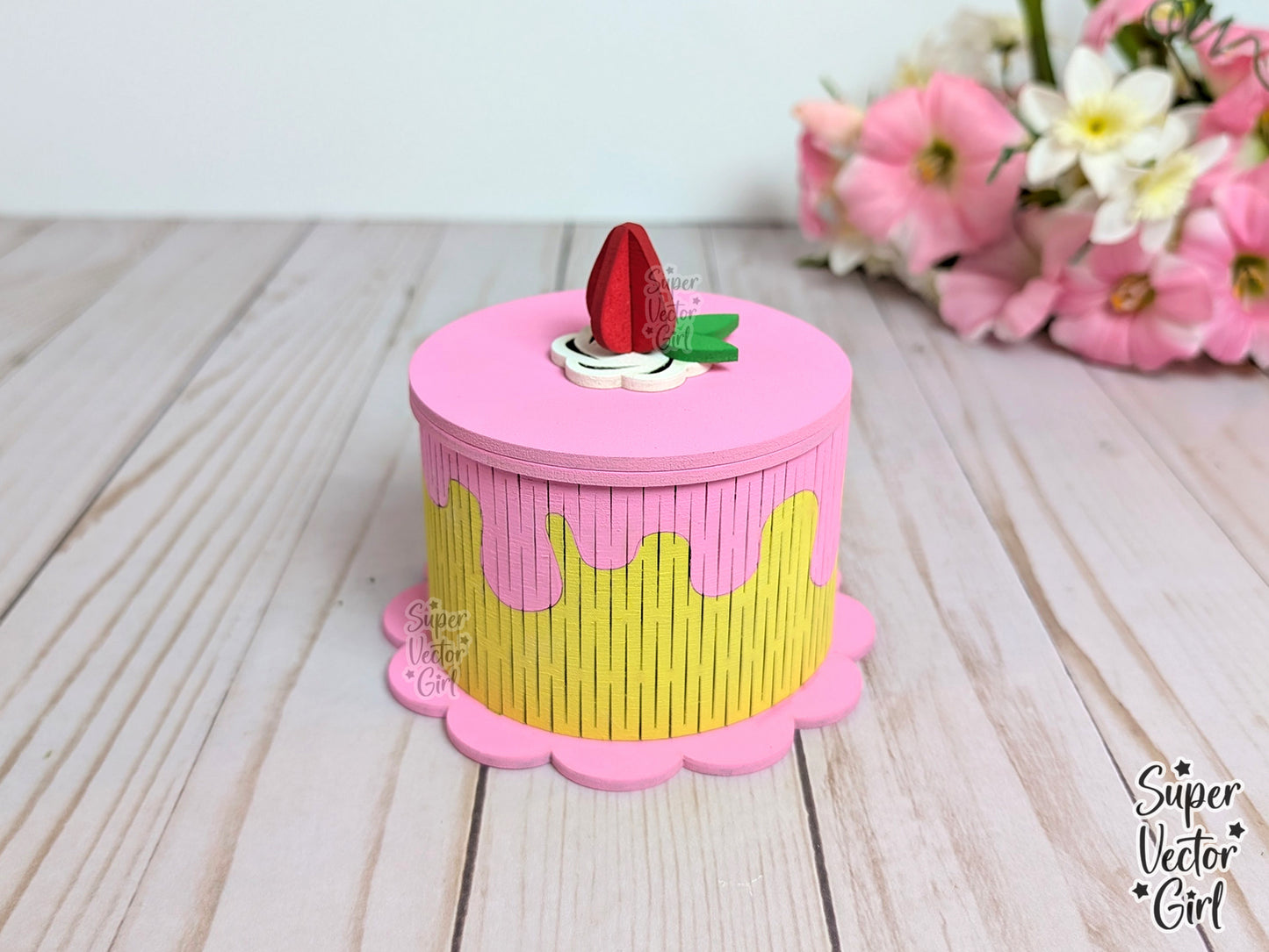 Strawberry Birthday Cake Trinket Box with Lid SVG File, 3D Birthday Round Cake, Laser Cut File, gift present kids storage cute dessert party food 3D Cake