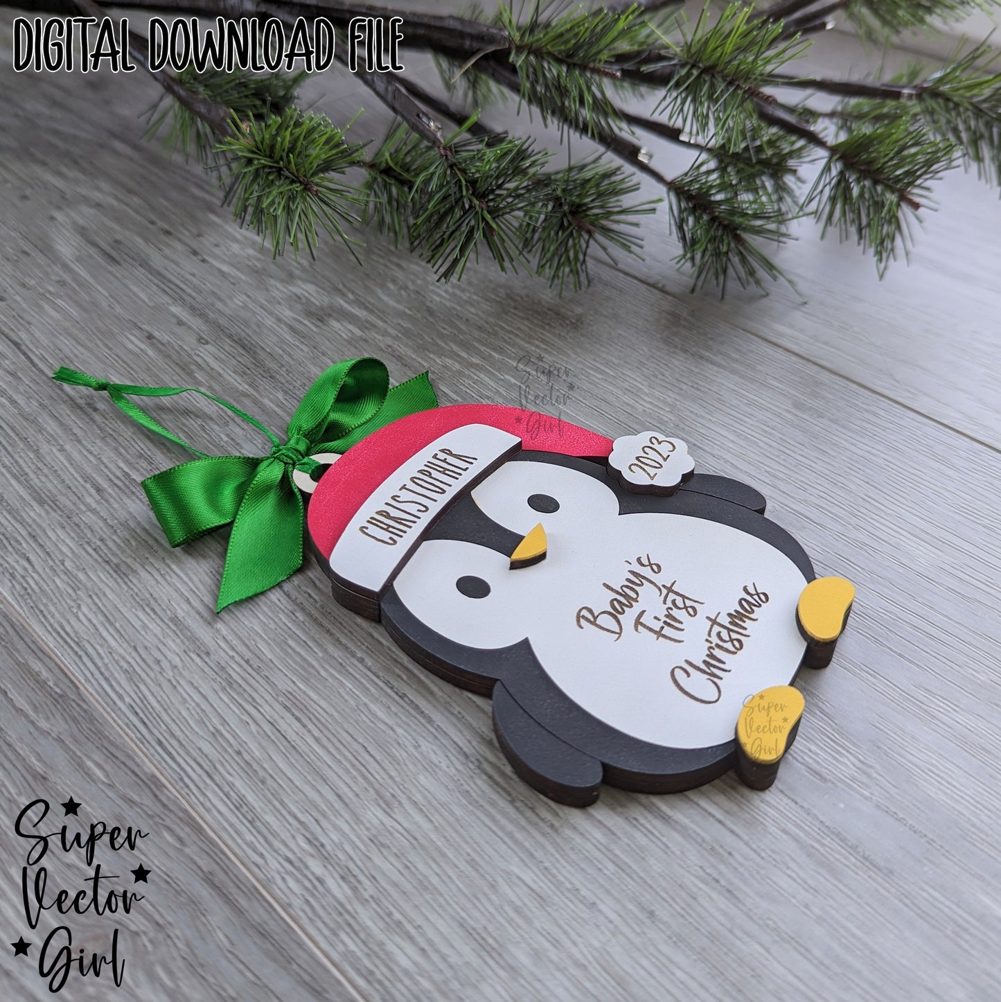 Penguin Baby's First Christmas Ornament, SVG, Laser Cut File, Personalized 1st Year Christmas, New Baby, Newborn, Shower Gift, 2024