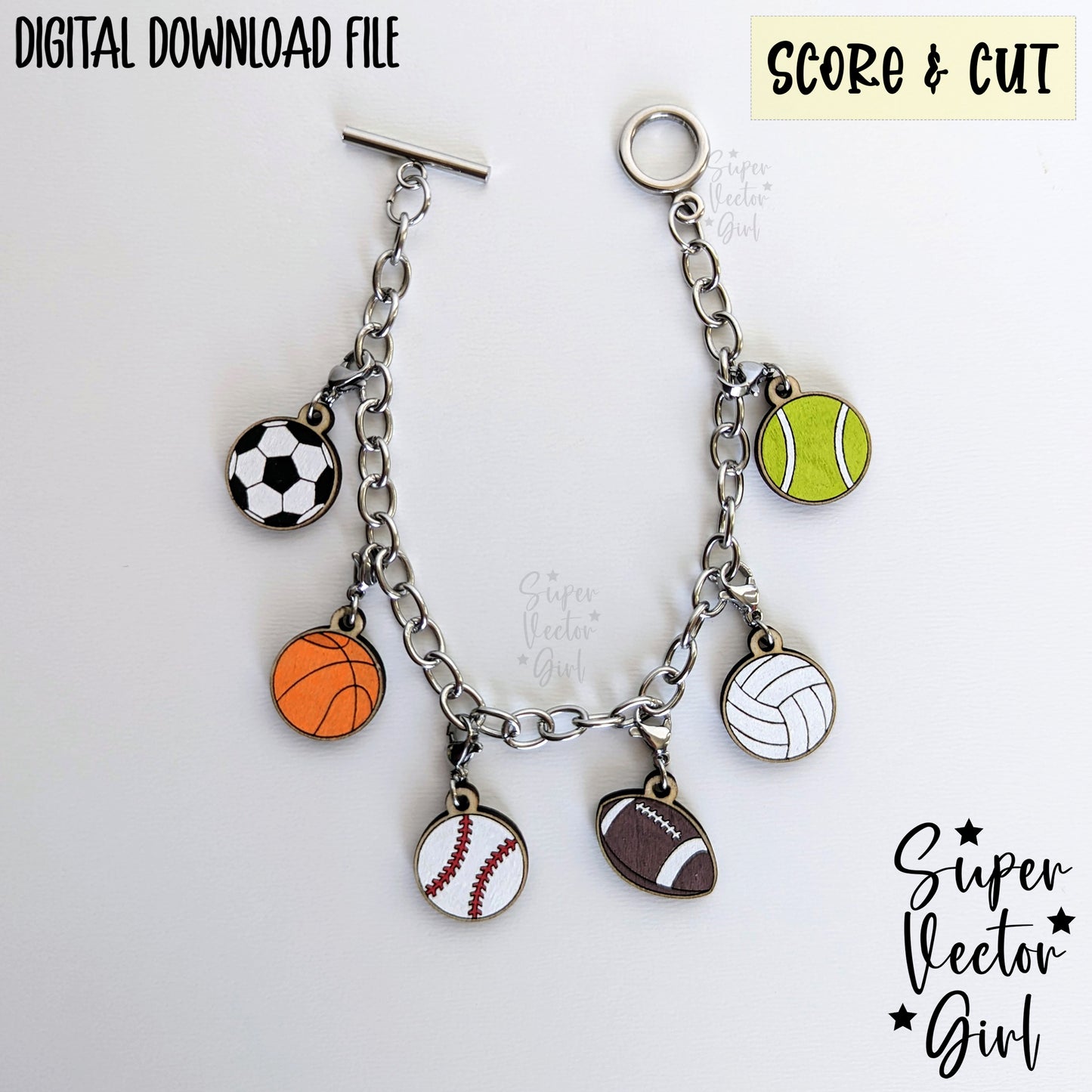 Sports Ball Bracelet Charms Bundle Set, SVG, Digital Laser Cut File, xTool Glowforge files, Score & Cut, football baseball soccer basketball tennis