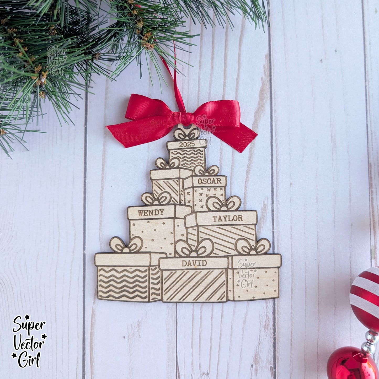 Stack of Presents Family Christmas Ornament, up to 8 Names, Tree Shape, SVG, Digital Laser Cut File files, Personalized Name, Engraved Gifts, Christmas Stacked Gift Boxes Wood Ornament