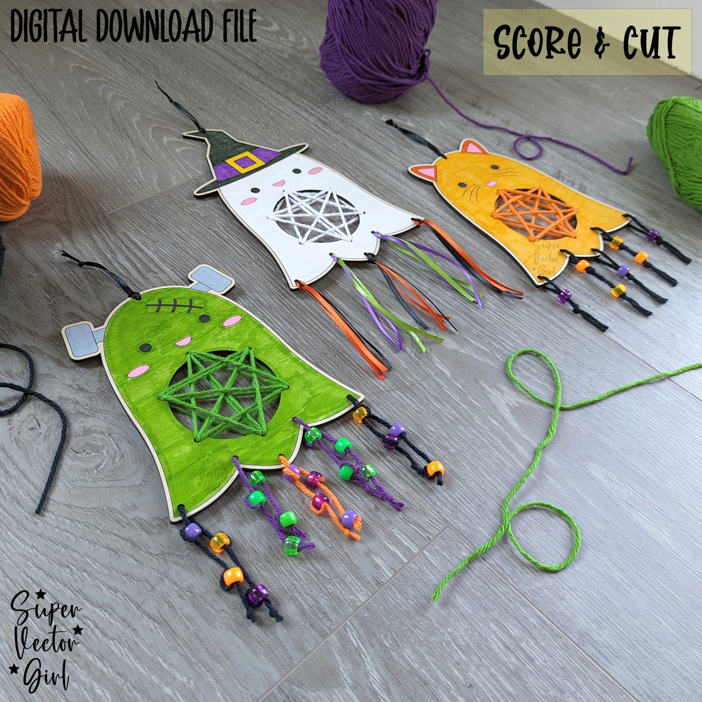 Cute Ghosts Weaving Craft, Halloween DIY Paint Kit Set, SVG, Digital Laser Cut File files, Witch Cat Ghost Frankenstein, Crafts for Kids