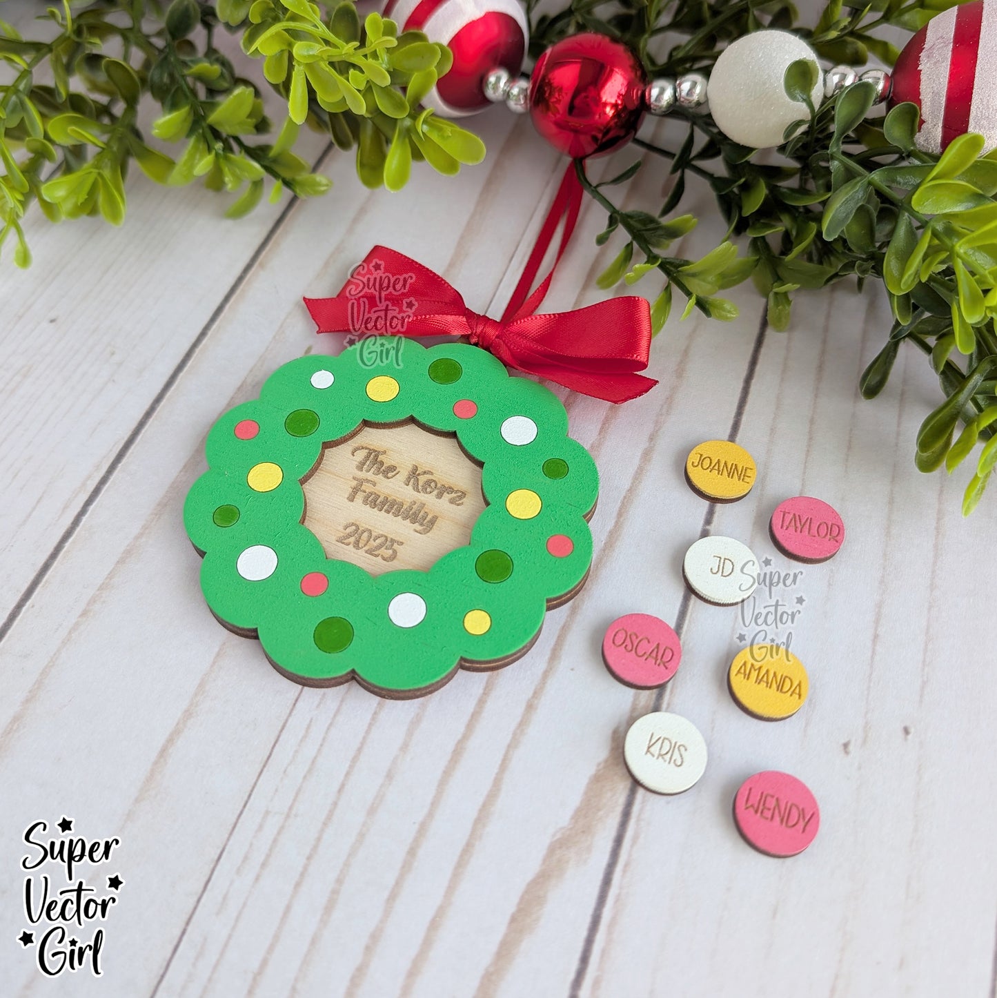 Wreath Family Christmas Ornament, up to 12 Names, SVG, Digital Laser Cut File files, Personalized Name Gifts, Holiday Wood Ornament