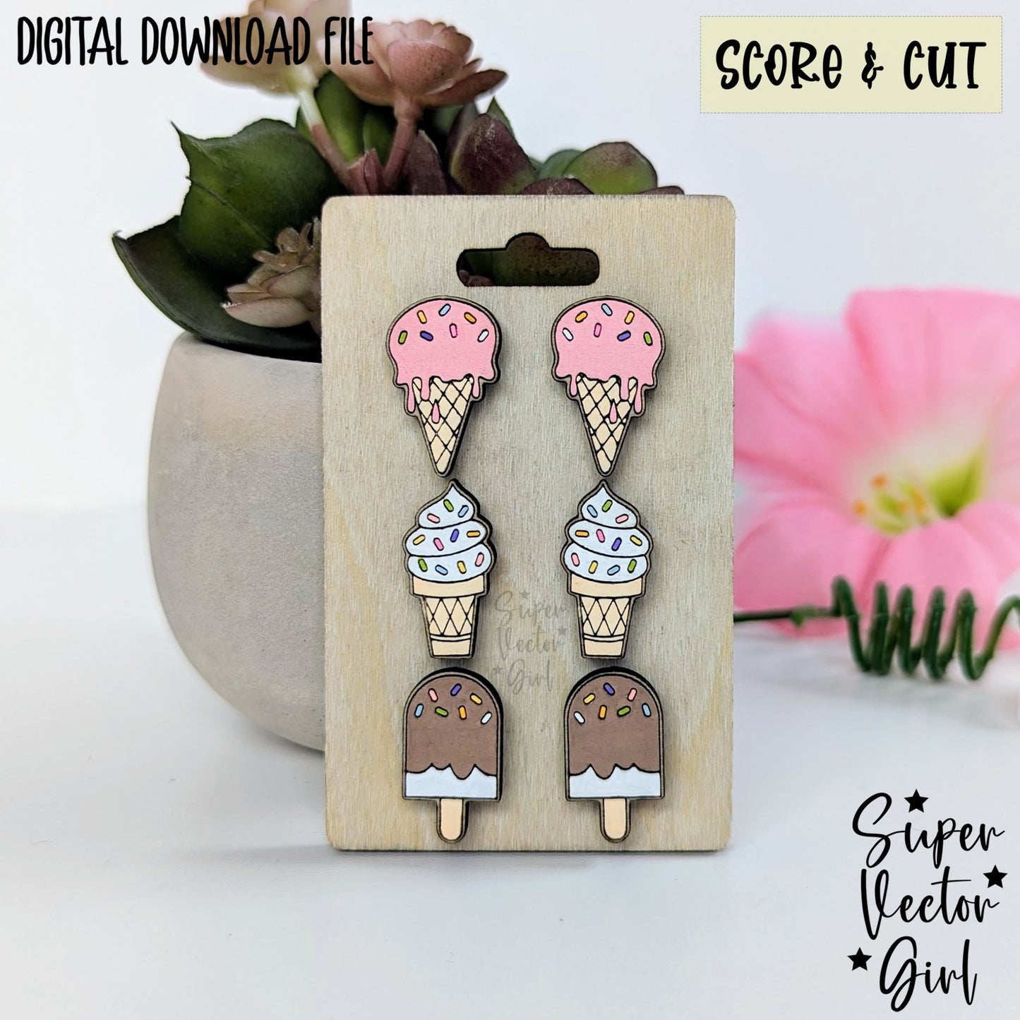 Ice Cream Stud Earrings Bundle Set, SVG, Laser Cut File, xTool Glowforge files, Score & Cut, Cute Summer Dessert Food Popsicles Cone Sprinkles kid
