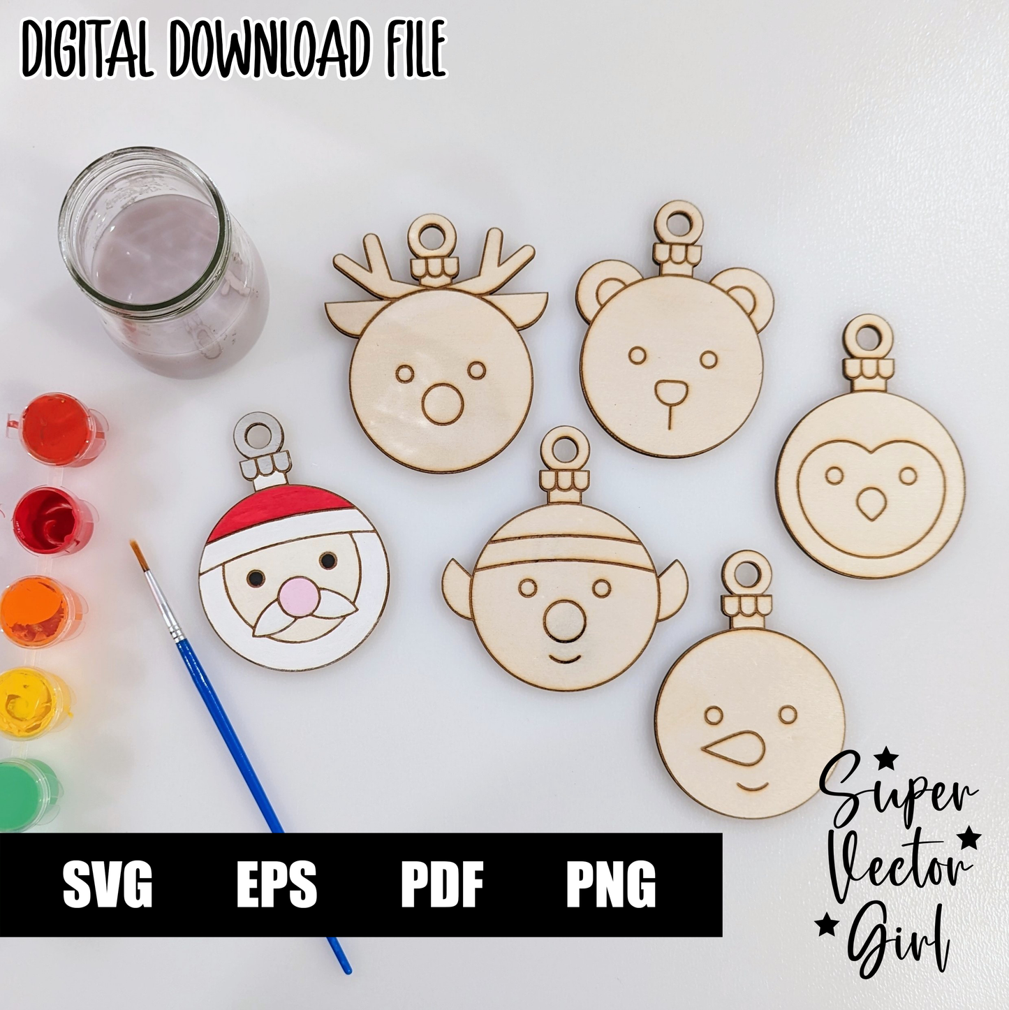 Christmas Ornaments, DIY Paint Coloring Kit Set, SVG, Digital Laser Cut File, Engraved, Santa Snowman Reindeer Elf Polar Bear Penguin