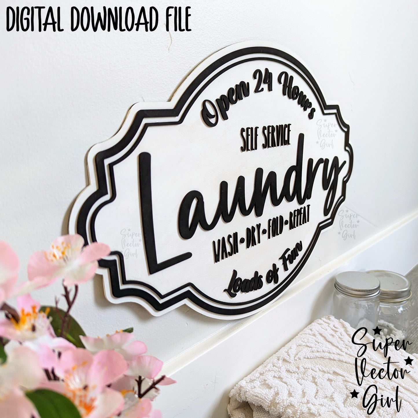 Laundry Room Self Service Door Hanger Sign, SVG, Laser Cut File, xTool Glowforge files, Wall Decor Accent, Home Decoration, Farmhouse Style Frame
