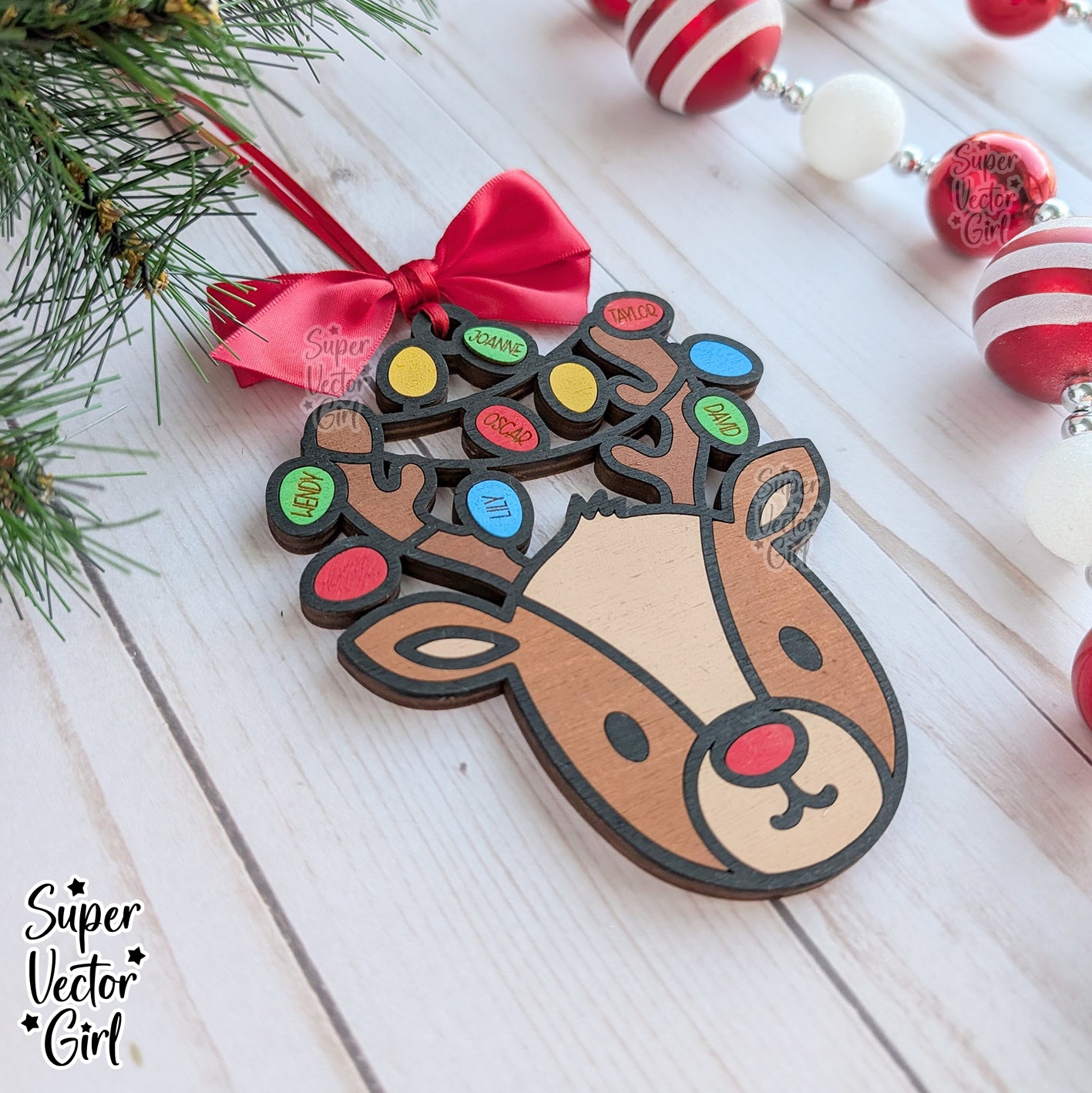 Reindeer Antlers with Lights Family Christmas Ornament, up to 10 Custom Names, Personalized, SVG, Laser Cut File, xTool WeCreat files, 1st Christmas, Baby, Married, Mr. Mrs. Big Large Family Members