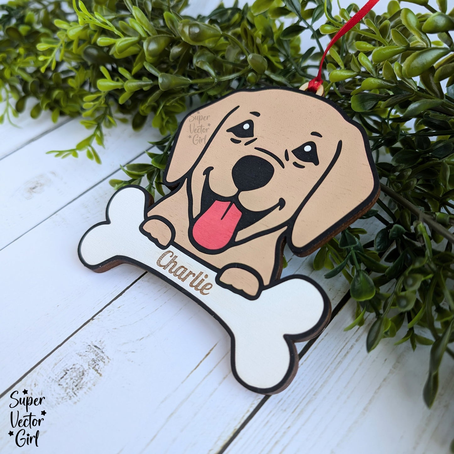 Dog Face Christmas Ornament, Holding Bone, SVG, Digital Laser Cut File files, Personalized Custom Name Tag, Pet, Puppy, Labrador Retriever