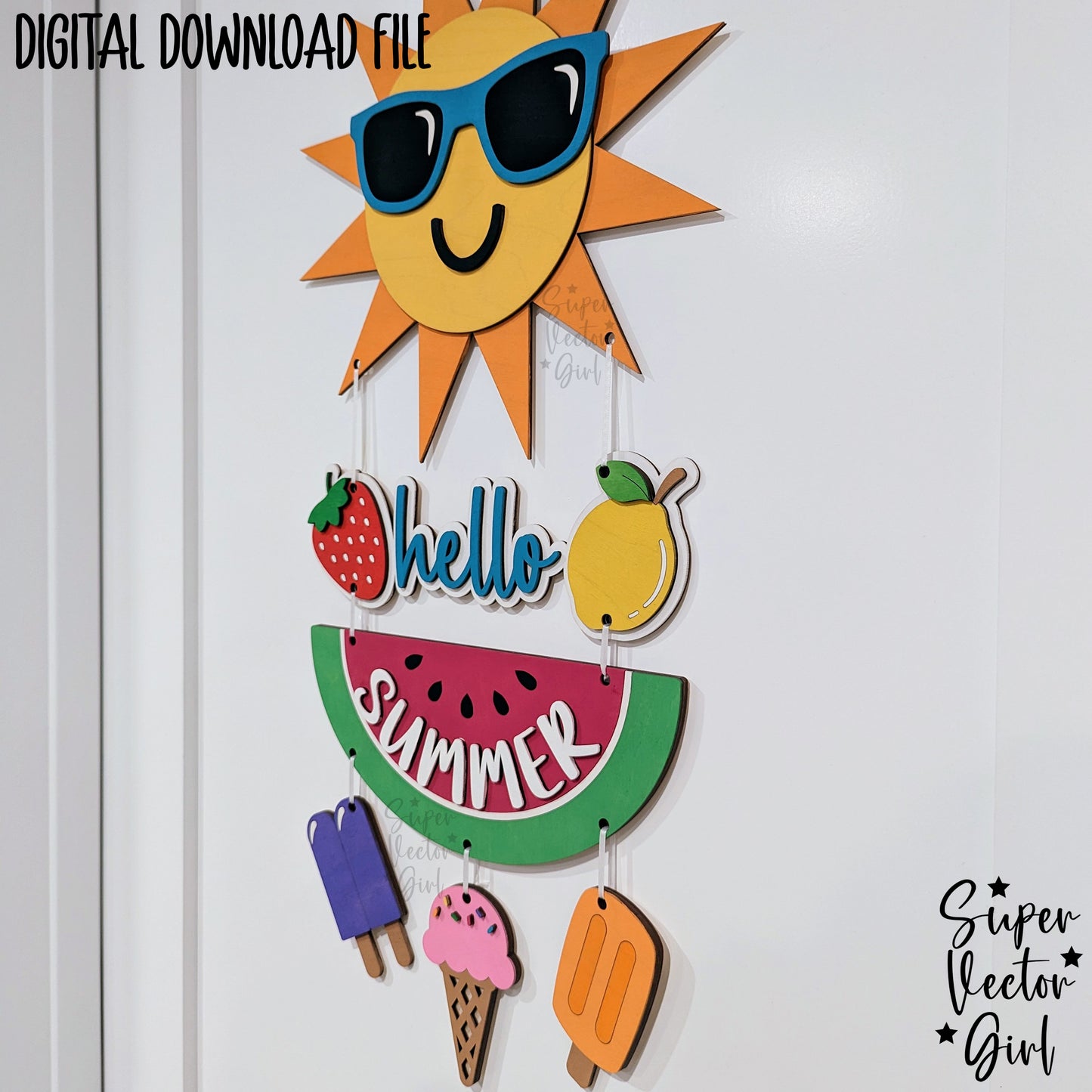 Summer Door Hanger Sign, SVG, Laser Cut File, Hello Summer Hanging Sign, Wall Decor, Accent Home Decoration, cute sun popsicle