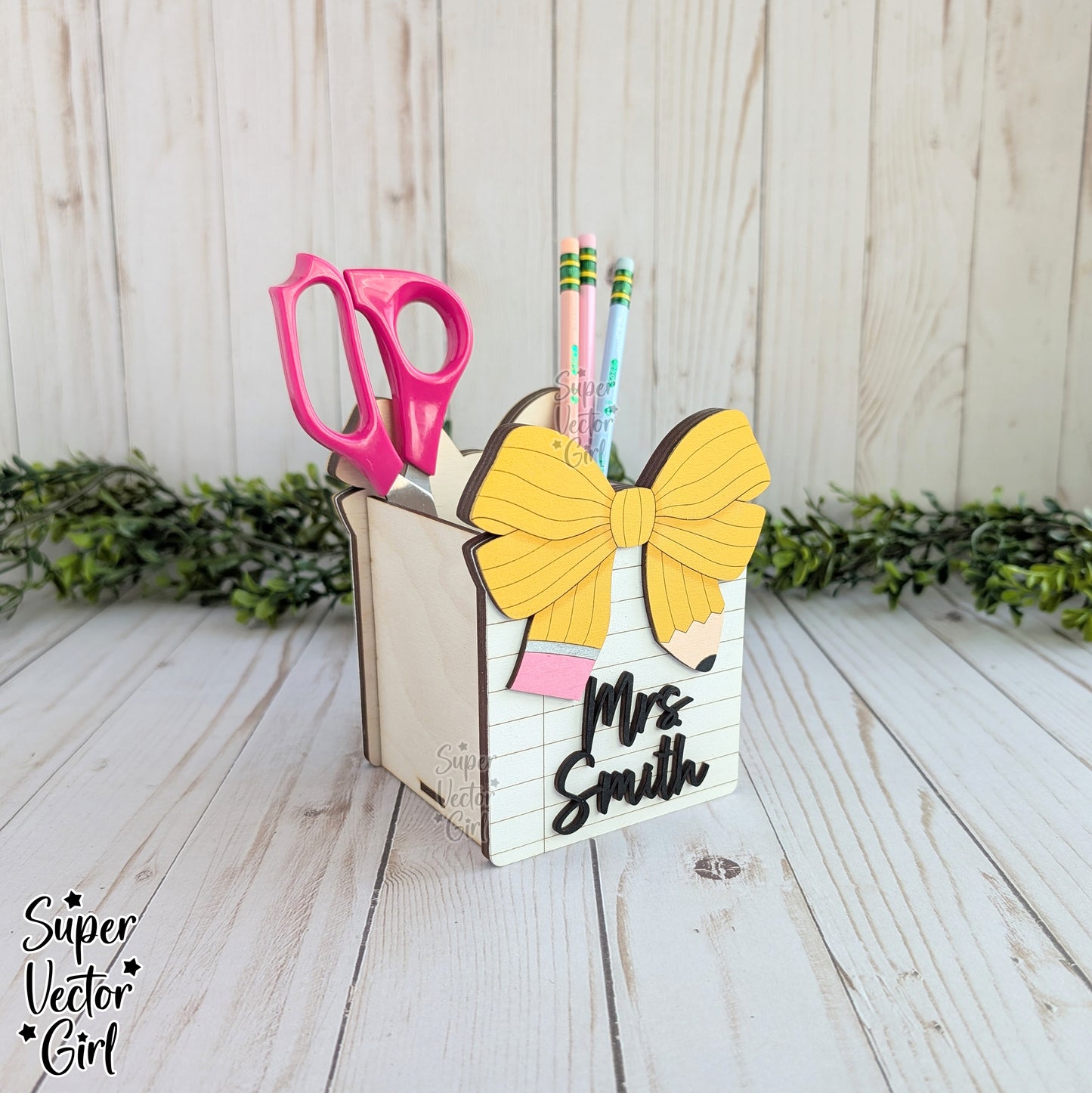 Pencil Bow and Notebook Paper Pen Cup Holder SVG File, Desk Organizer, Personalized Teacher Appreciation Gift, Digital Laser Cut File, Desk Pens Holder, Storage Cup Basket, xTool Glowforge files, Custom Name