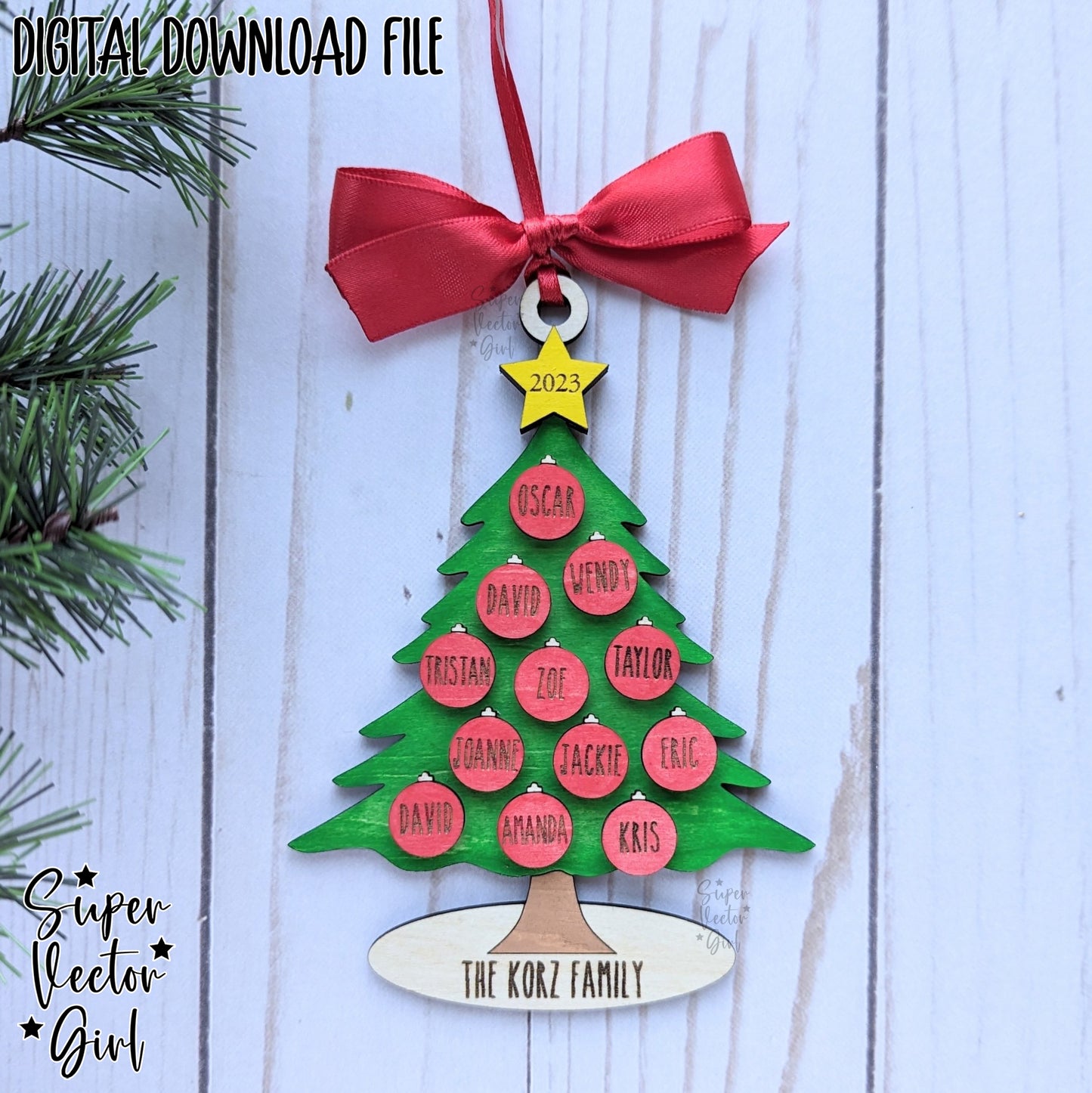 Personalized Christmas Tree Family Ornament, up to 12 Custom Names, SVG, Digital Laser Cut File files, Large Family, Name Ornament, Gift