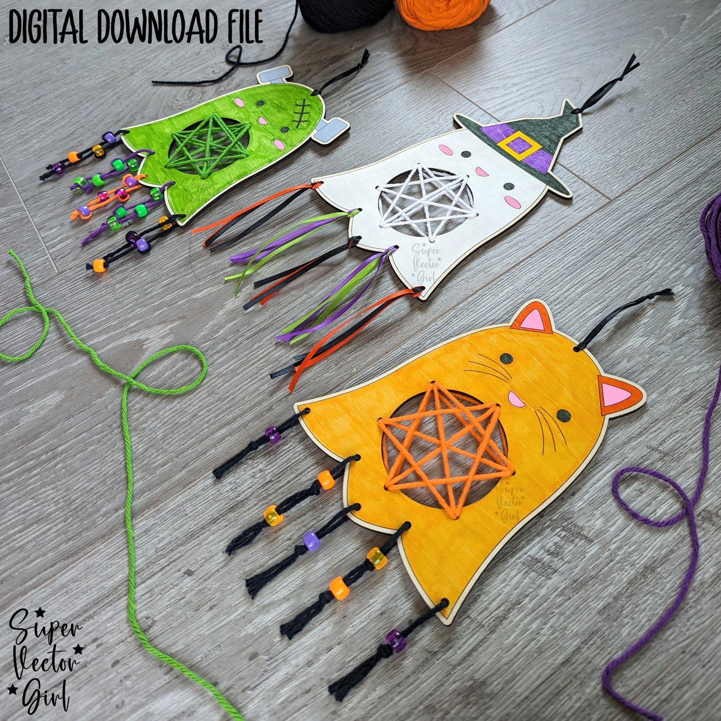 Cute Ghosts Weaving Craft, Halloween DIY Paint Kit Set, SVG, Digital Laser Cut File files, Witch Cat Ghost Frankenstein, Crafts for Kids