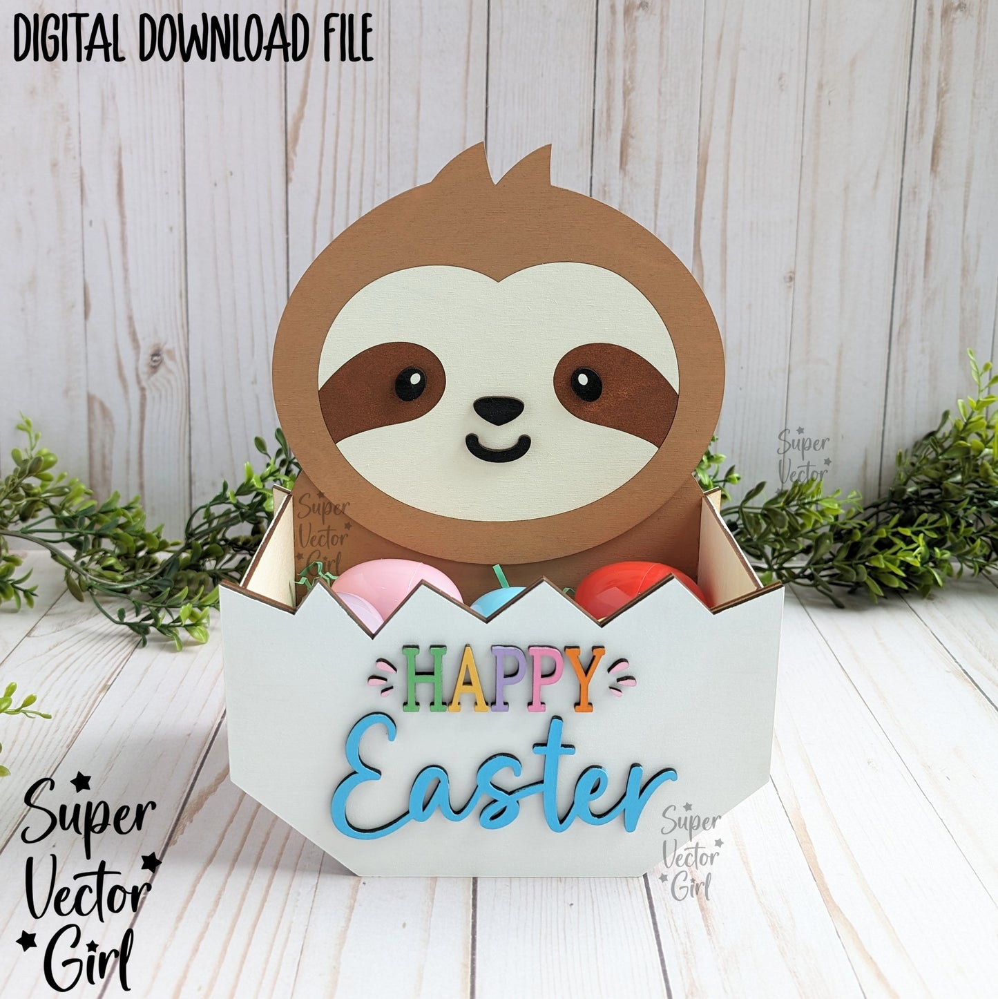 Sloth Easter Basket Crate, Easter Treats Box, SVG, Laser Cut File Files, Cute sloth in egg, gift box, hatching, spring, xTool Glowforge all laser files