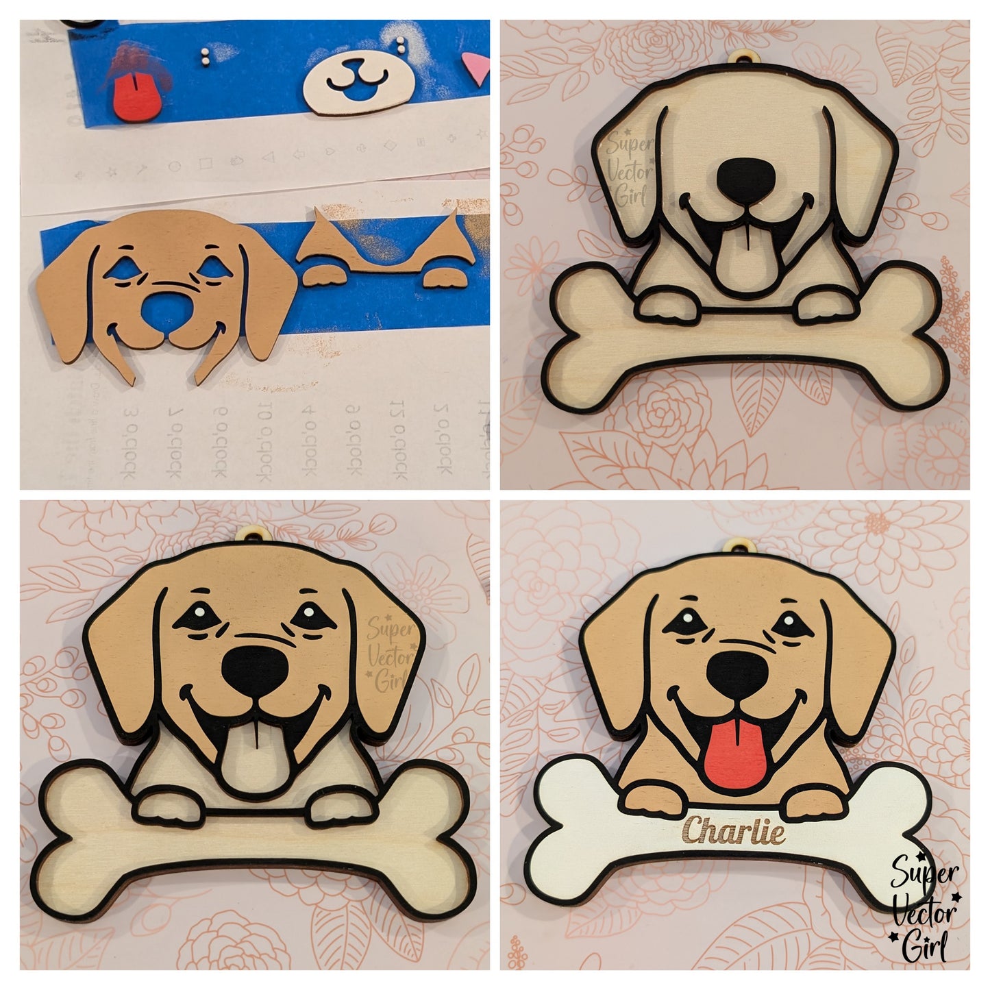 Dog Face Christmas Ornament, Holding Bone, SVG, Digital Laser Cut File files, Personalized Custom Name Tag, Pet, Puppy, Labrador Retriever
