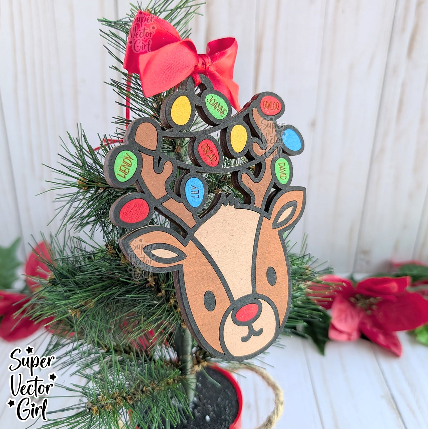 Reindeer Antlers with Lights Family Christmas Ornament, up to 10 Custom Names, Personalized, SVG, Laser Cut File, xTool WeCreat files, 1st Christmas, Baby, Married, Mr. Mrs. Big Large Family Members