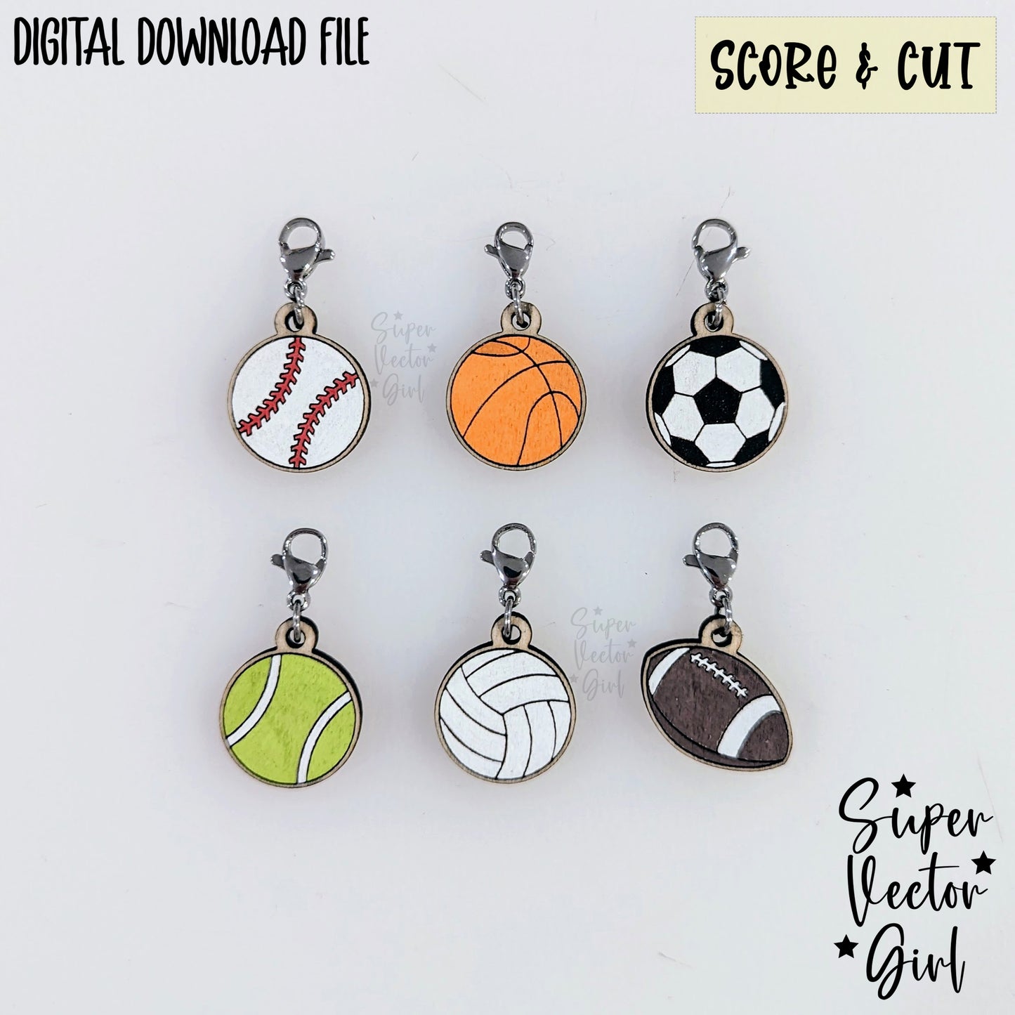 Sports Ball Bracelet Charms Bundle Set, SVG, Digital Laser Cut File, xTool Glowforge files, Score & Cut, football baseball soccer basketball tennis